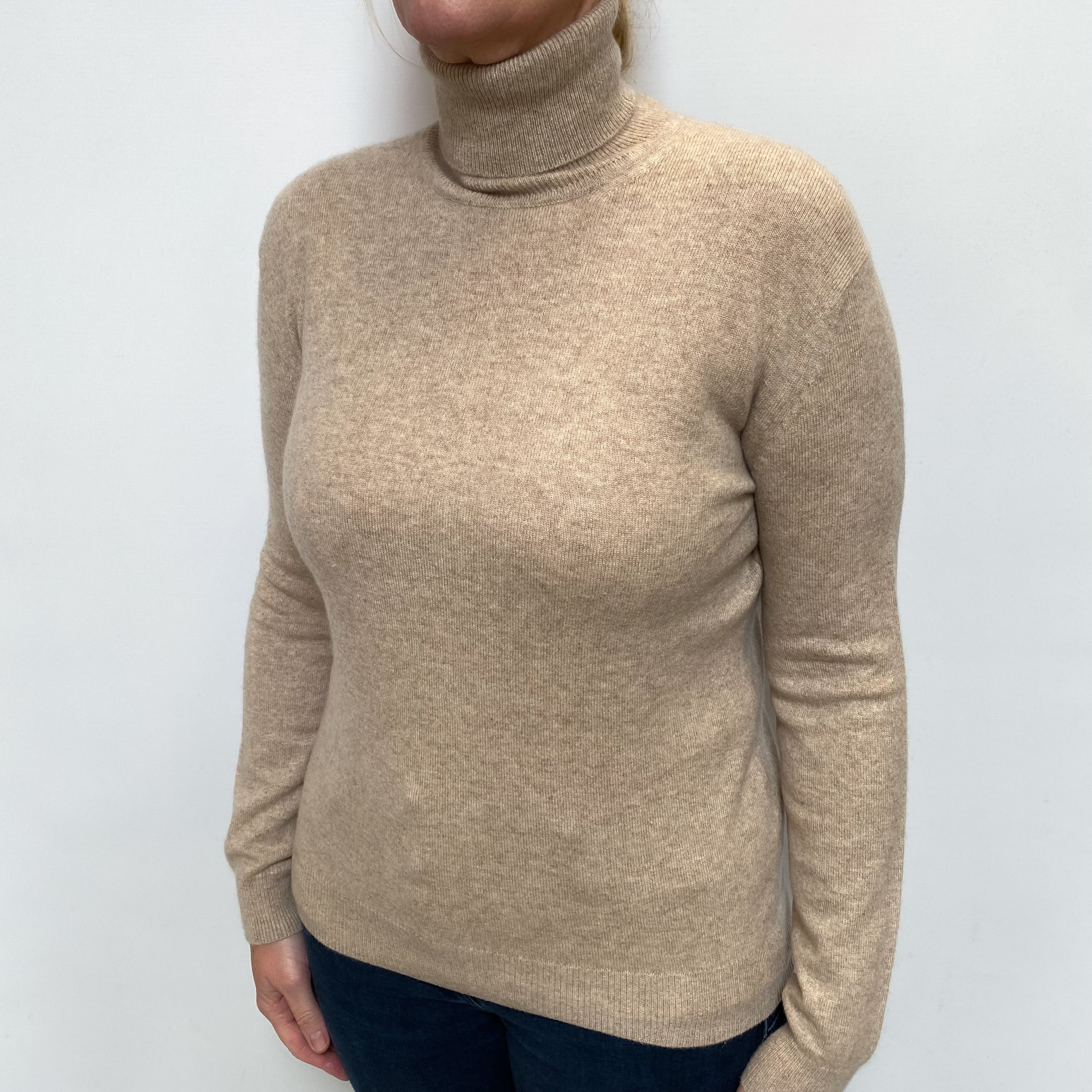 Sand Beige Cashmere Polo Neck Jumper Large