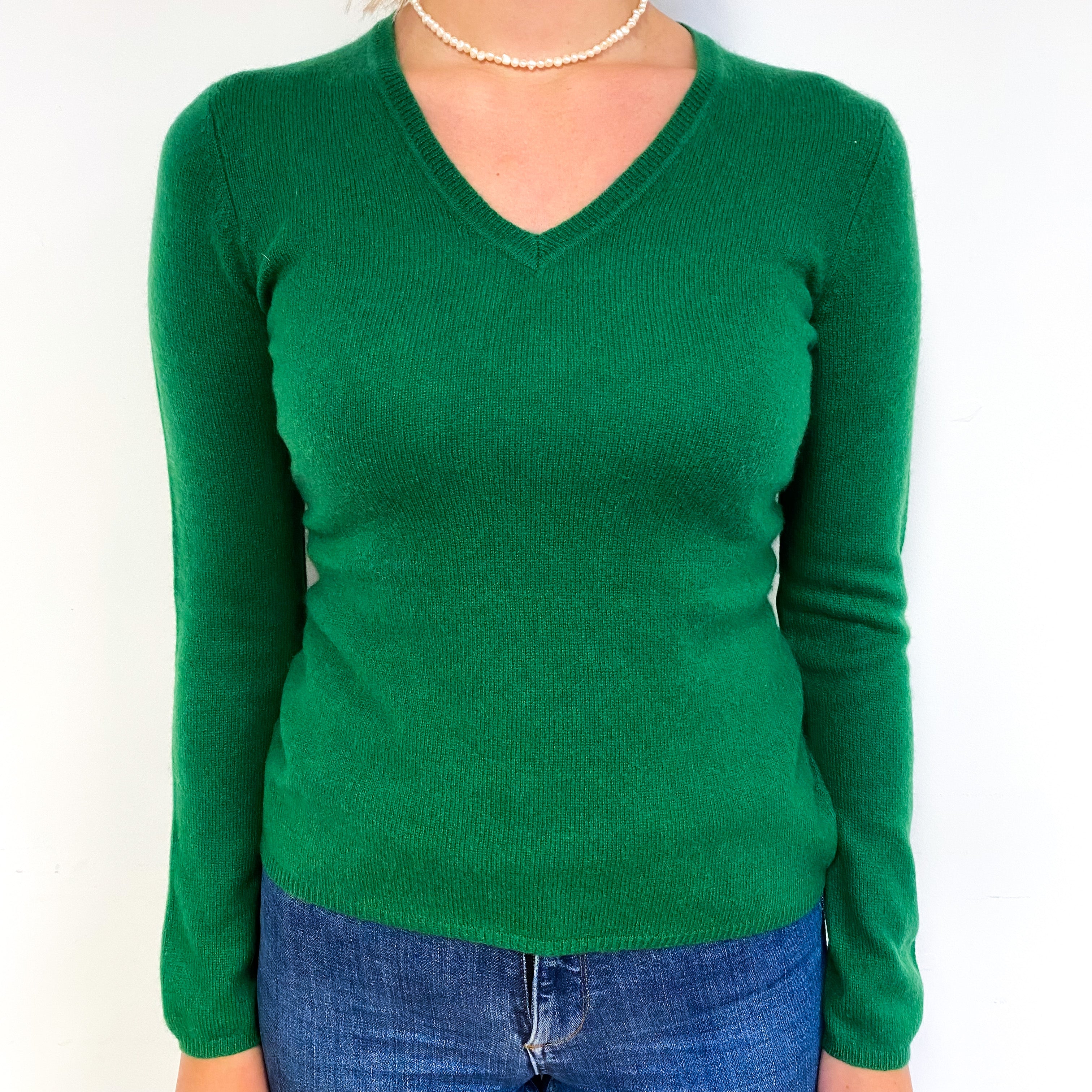 Grass Green Cashmere V-Neck Jumper Small