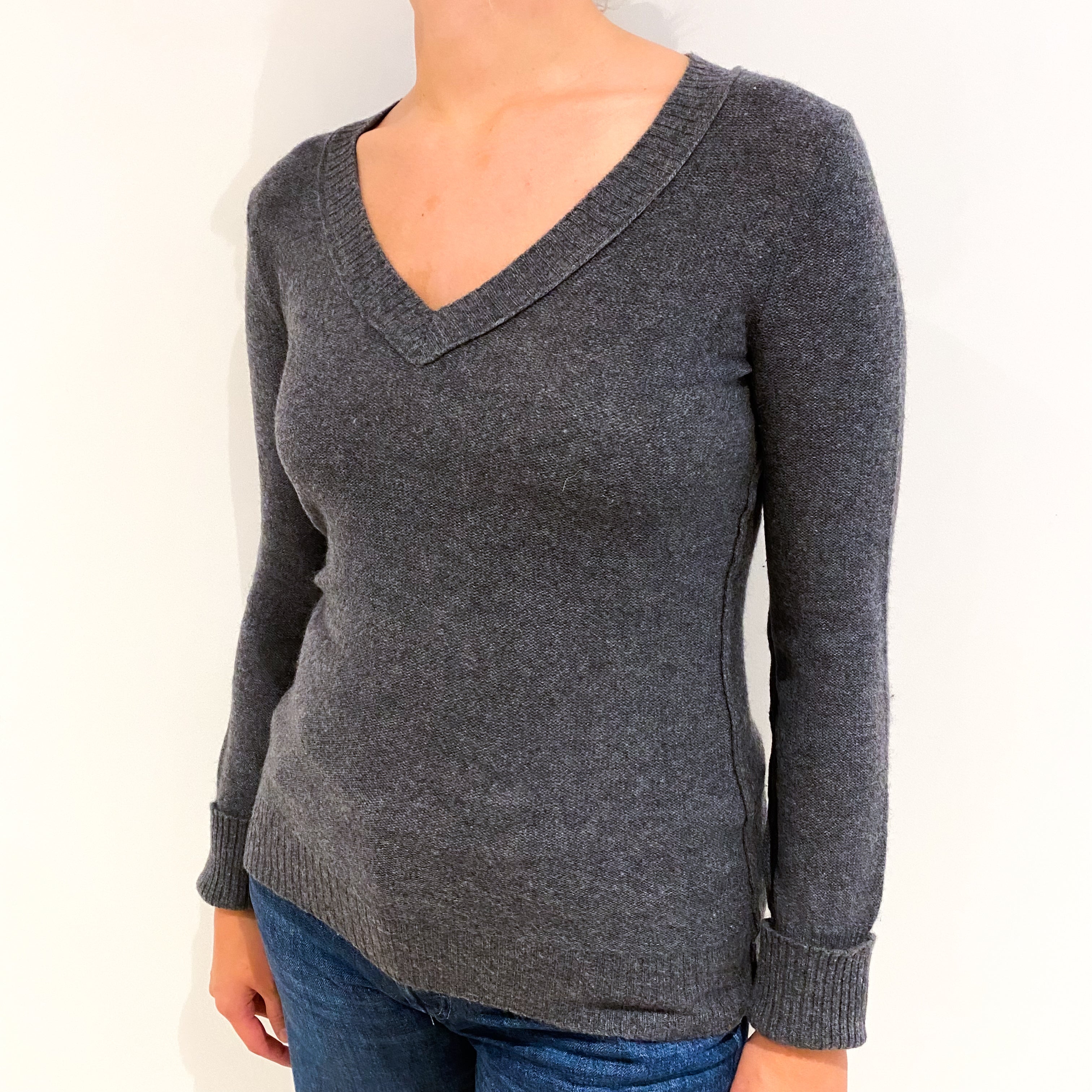 Slate Grey Lightweight Cashmere V-Neck Jumper Small
