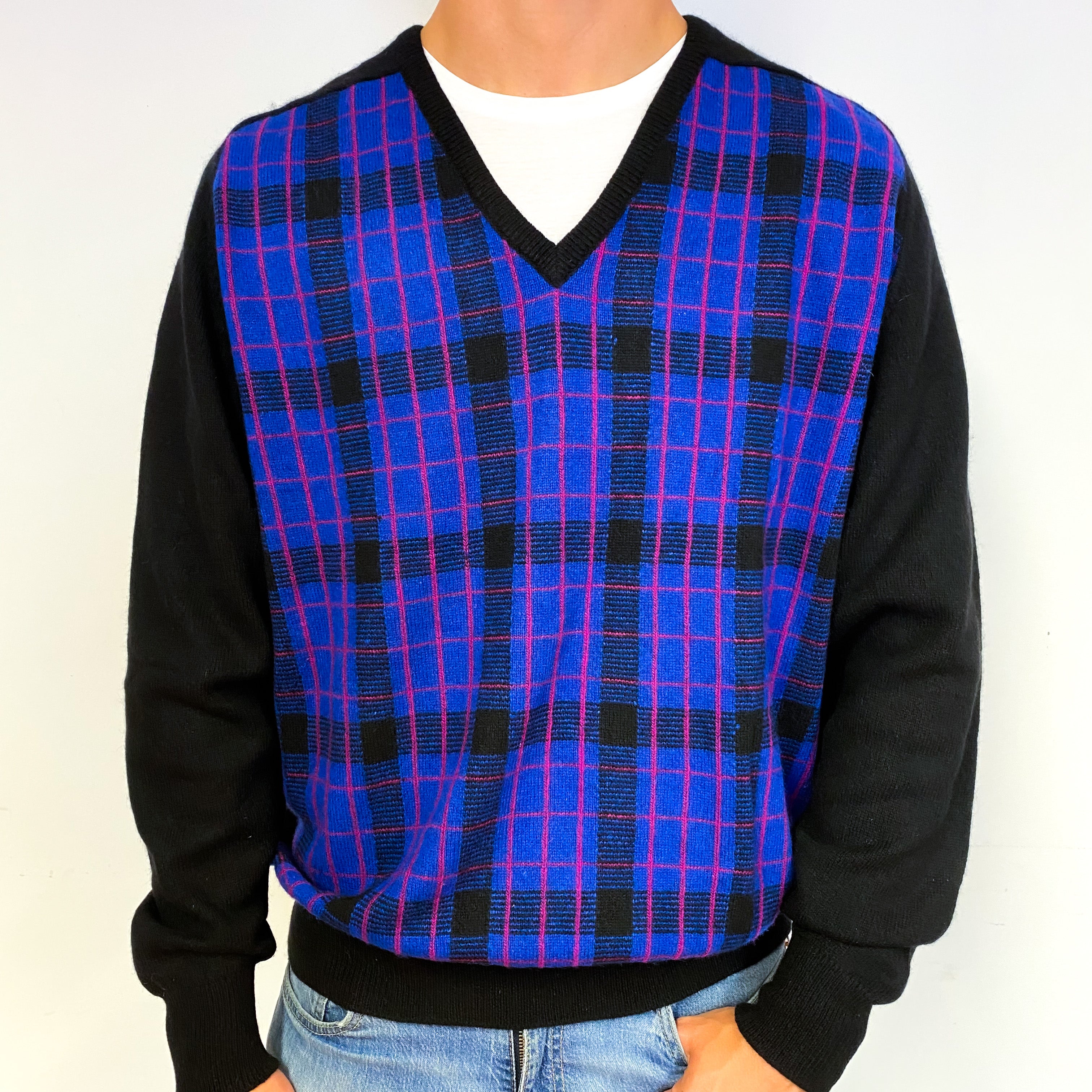 Men's Black Indigo Checked Cashmere V-Neck Jumper Extra Large