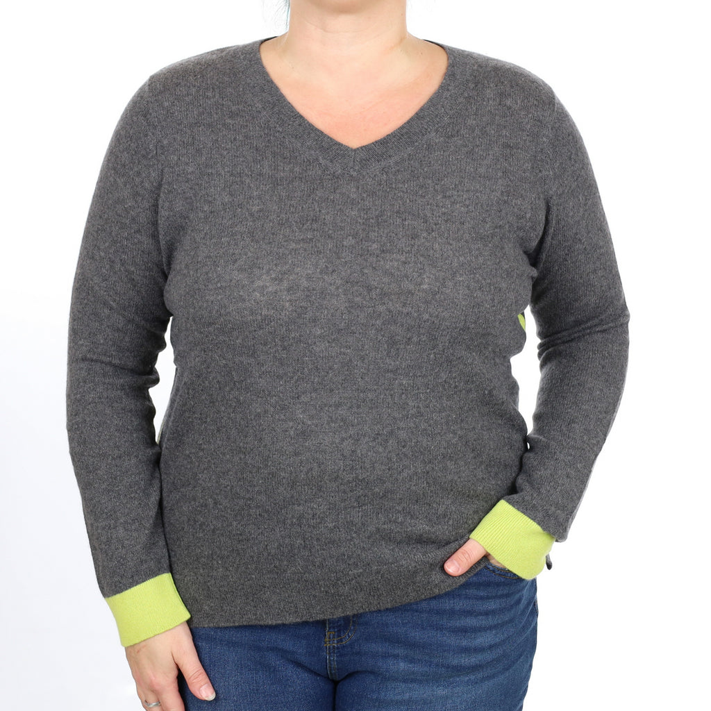Slate Grey and Chartreuse Cashmere V Neck Jumper Large