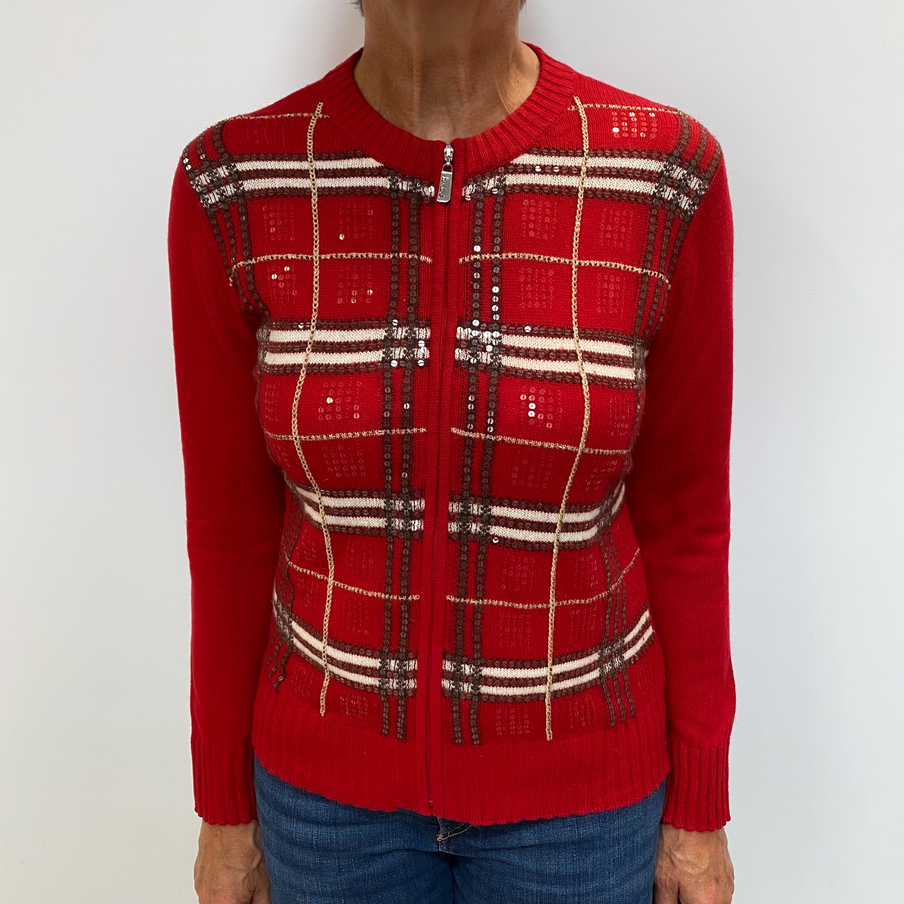 Scarlet Red Cashmere Crew Zip Up Cardigan Medium