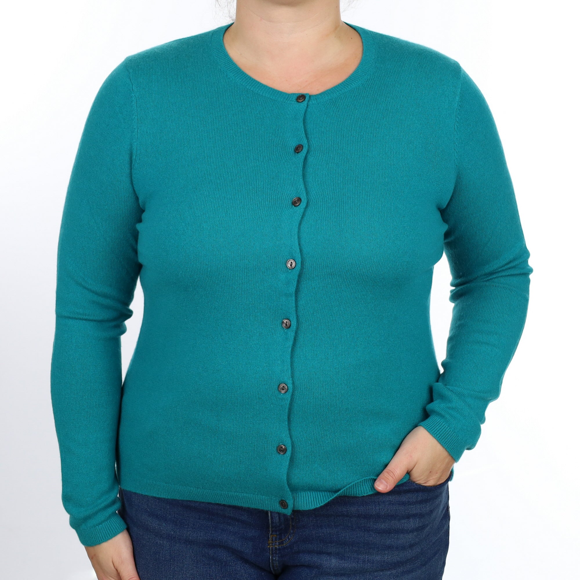 Deep Turquoise Cashmere Crew Neck Cardigan Large
