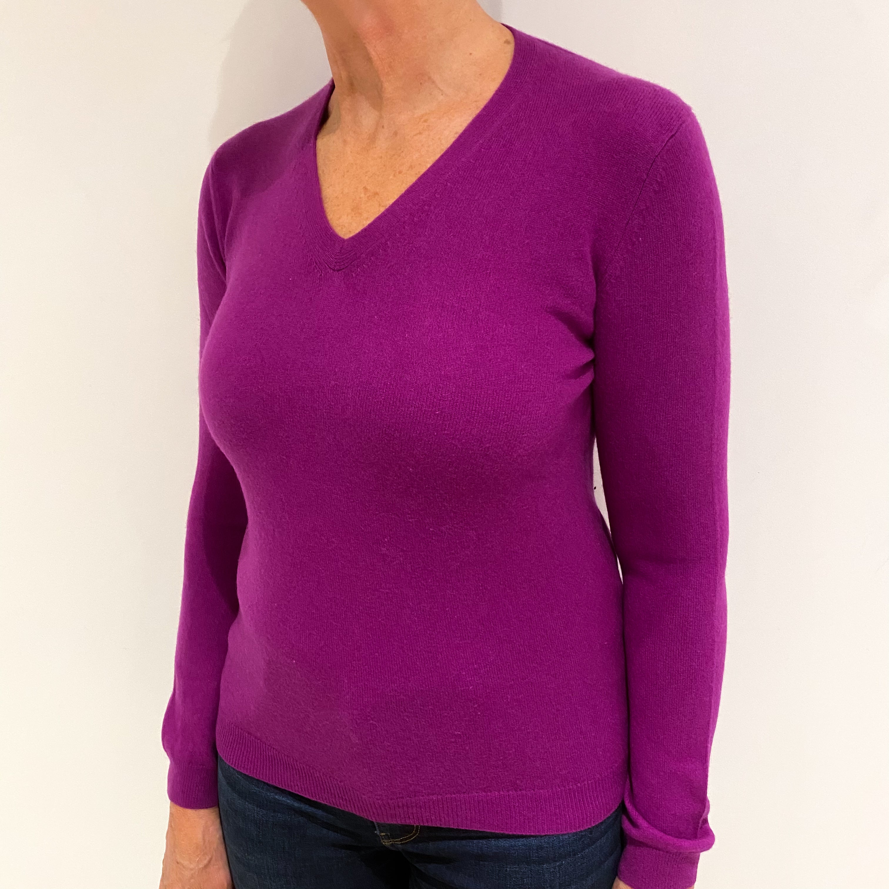 Magenta Purple Cashmere V Neck Jumper Medium