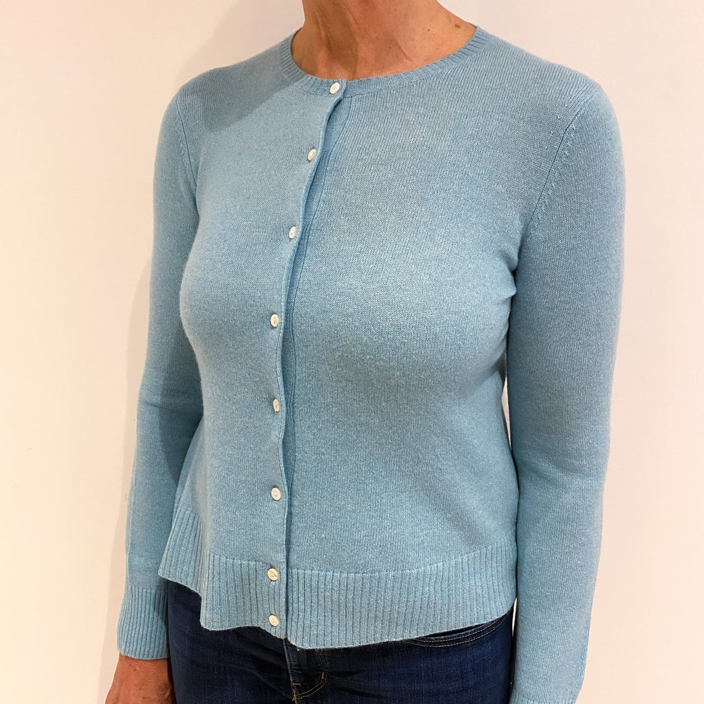 Pale Aqua Blue Cashmere Crew Neck Cardigan Medium