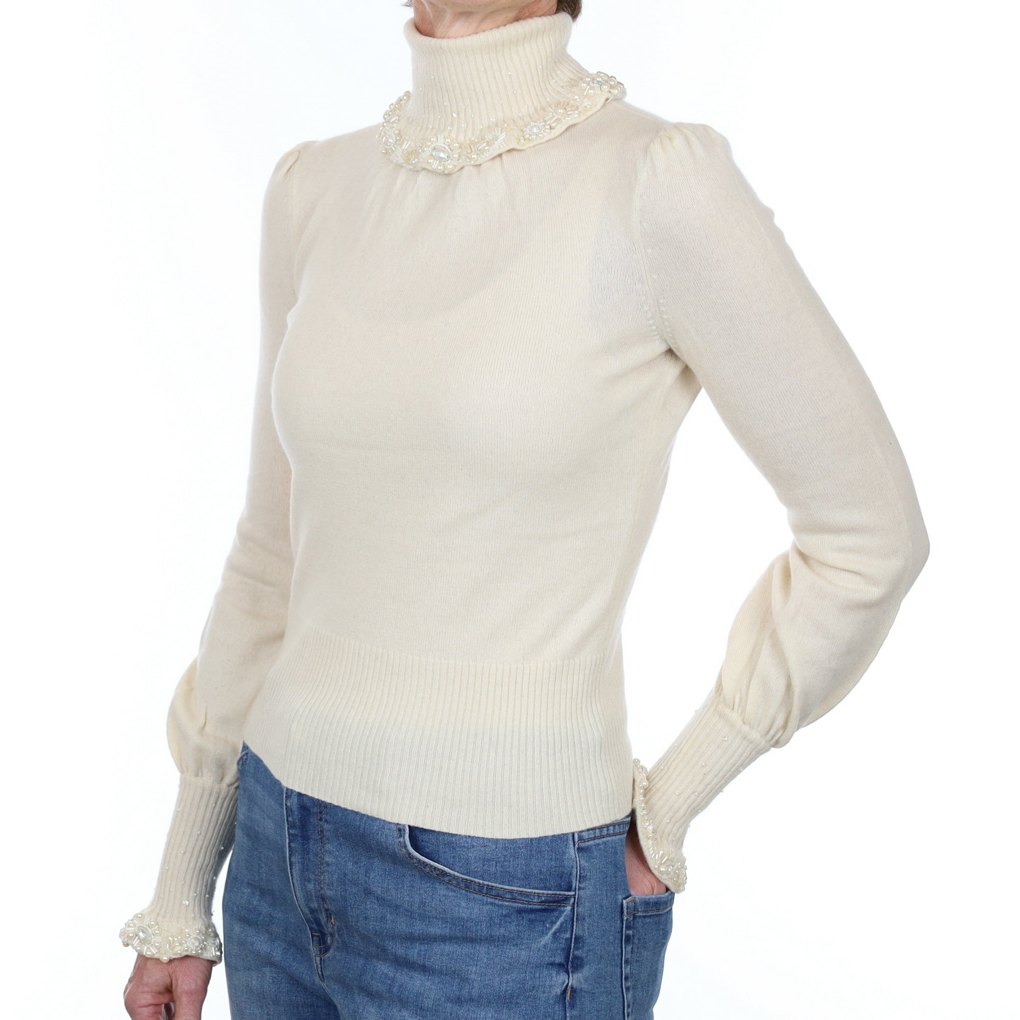 Cream Pearl Embellished Cashmere Polo Neck Jumper Small