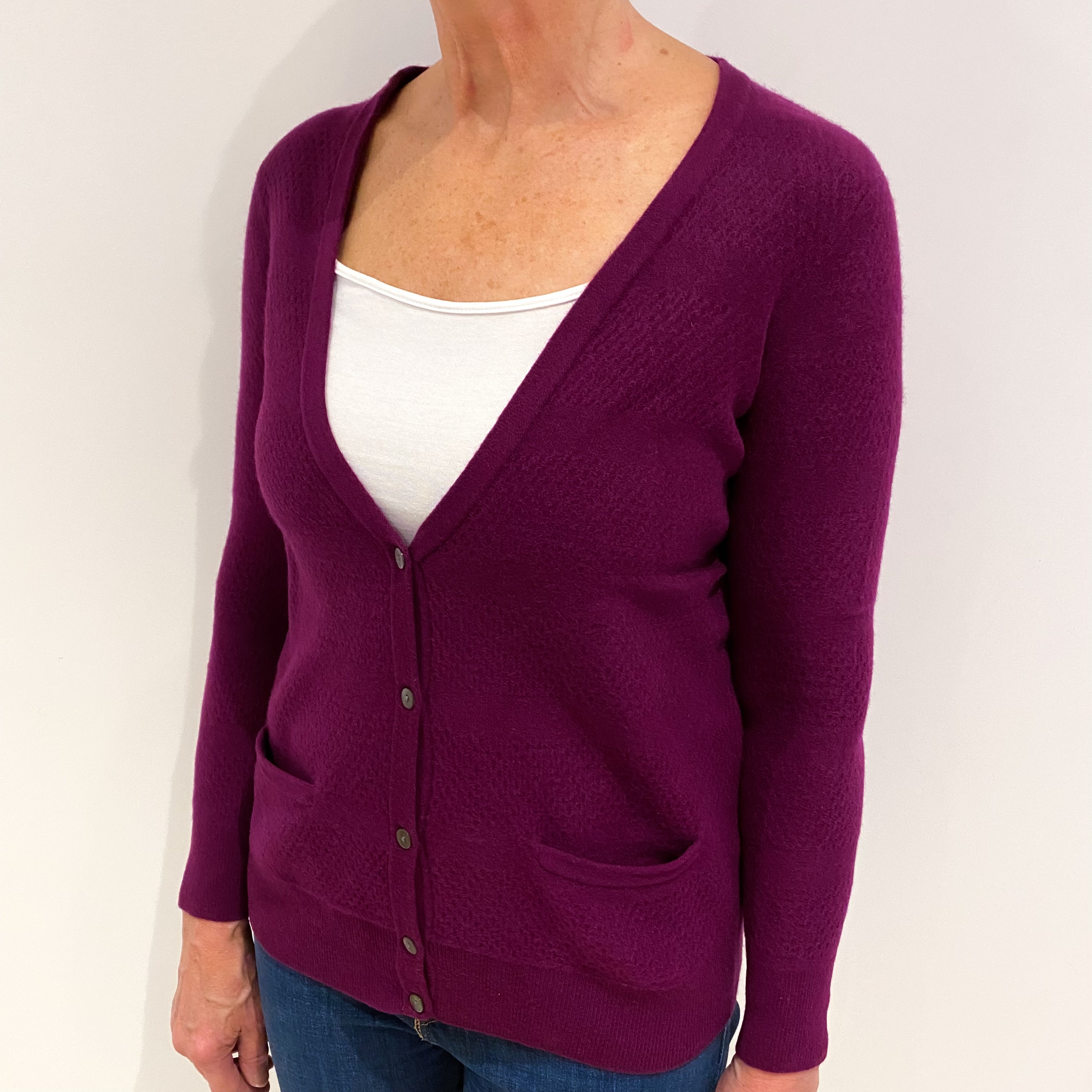 Plum Purple Cashmere V Neck Cardigan Medium