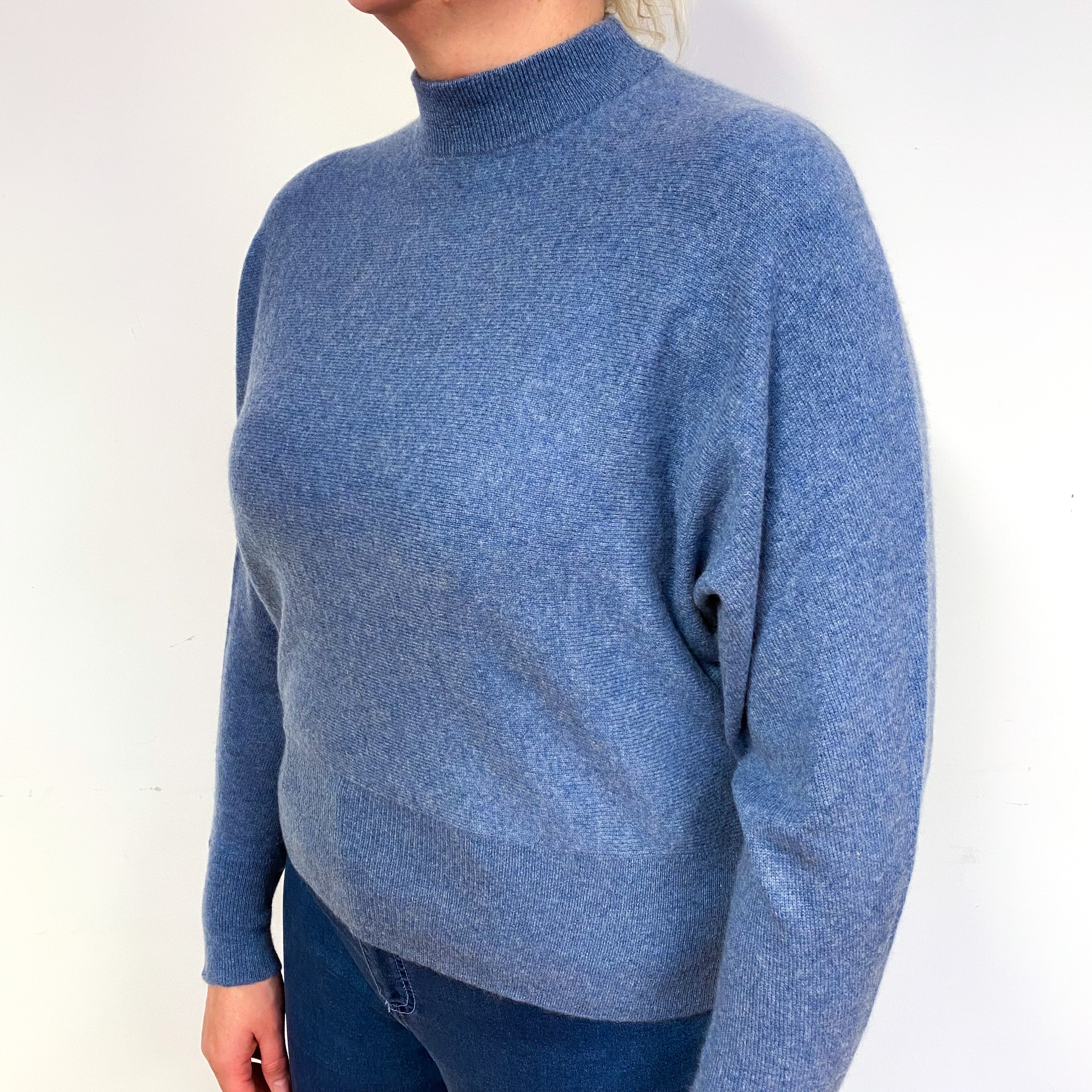 Denim Blue Batwing Cashmere Turtle Neck Jumper Large