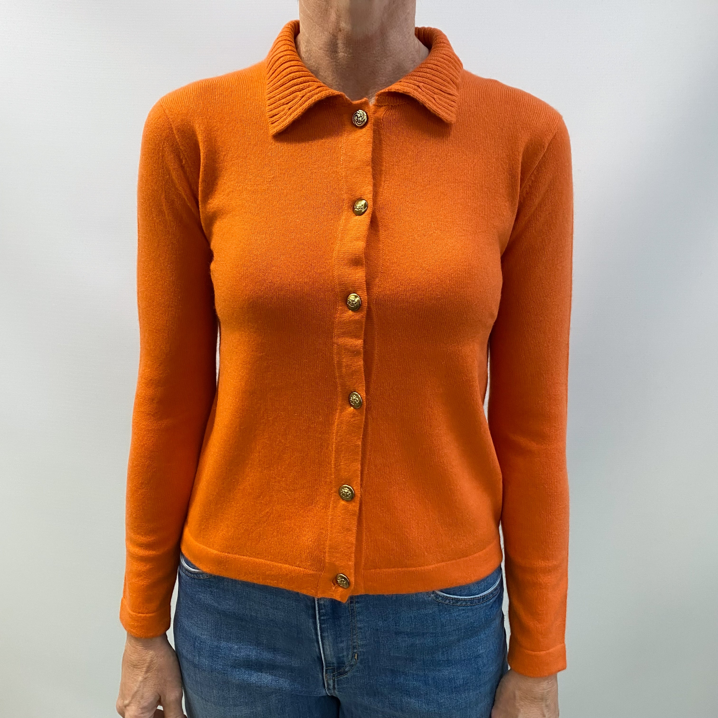 Clementine Orange Cashmere Collared Crew Neck Cardigan Small