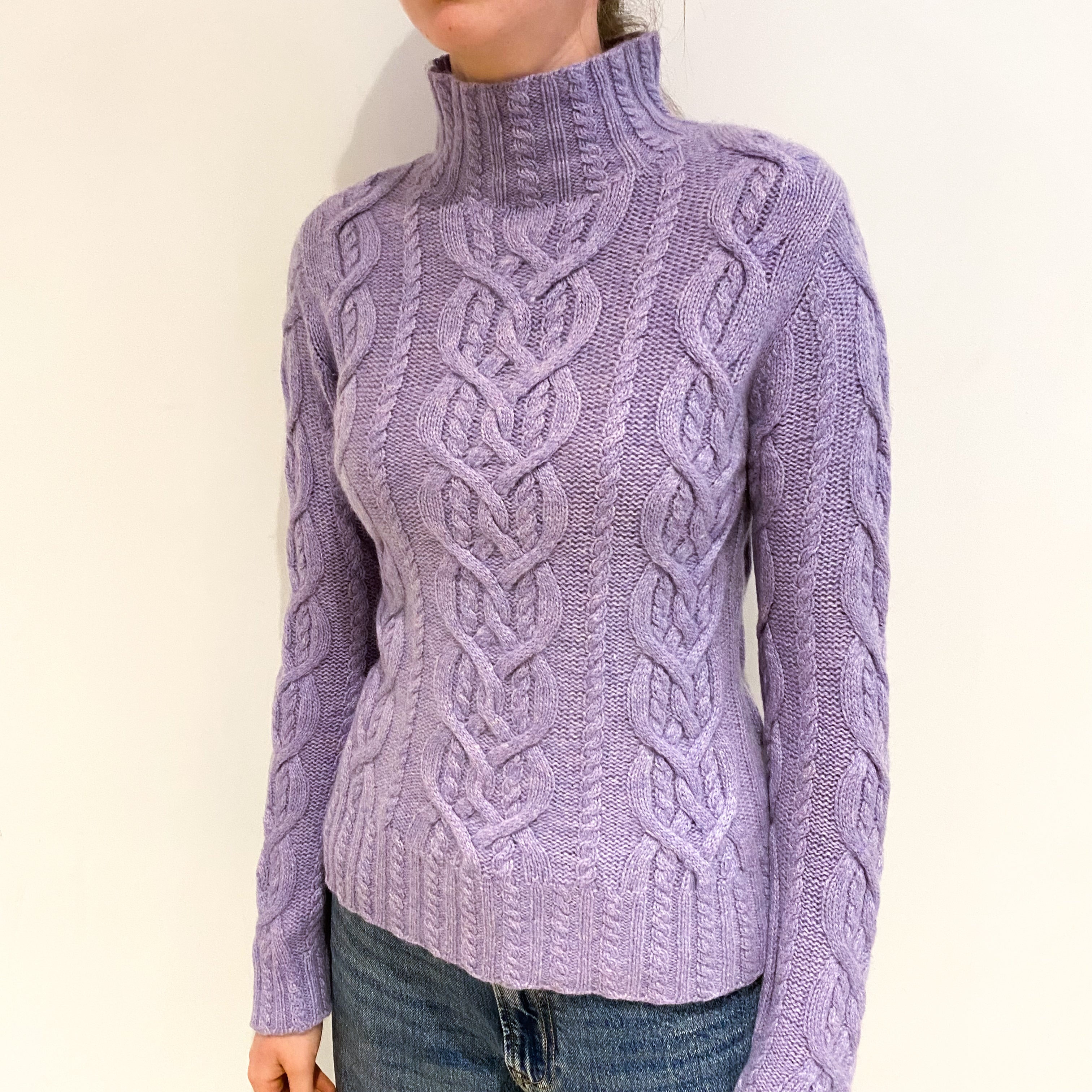 Lavender Purple Cashmere Chunky Cable Funnel Neck Jumper Extra Small