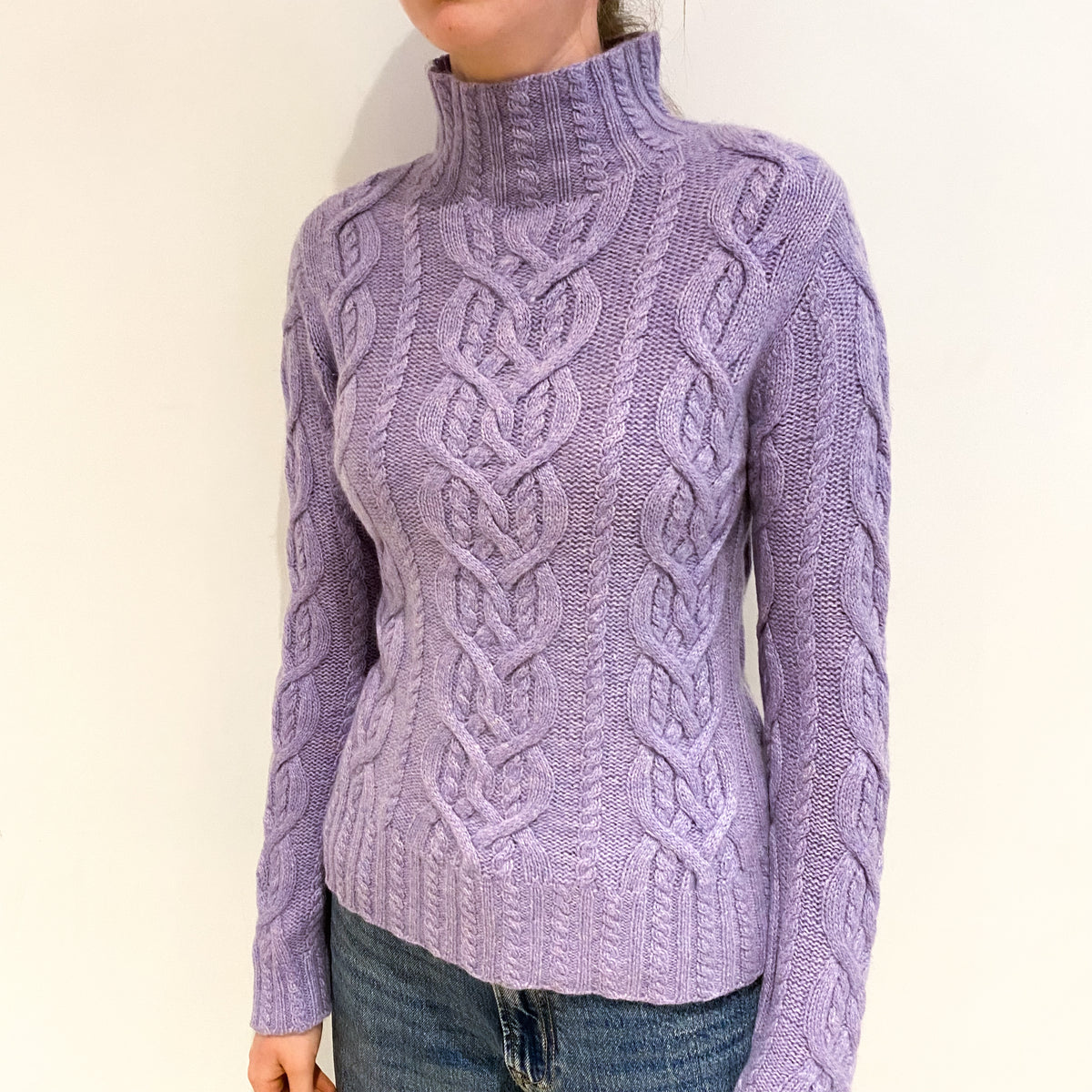 Lavender Purple Cashmere Chunky Cable Funnel Neck Jumper Extra Small