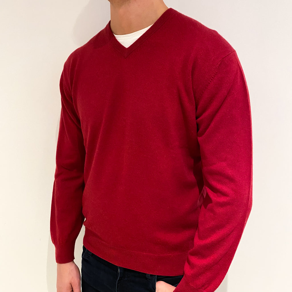 Men's Crimson Red Cashmere V Neck Jumper XL