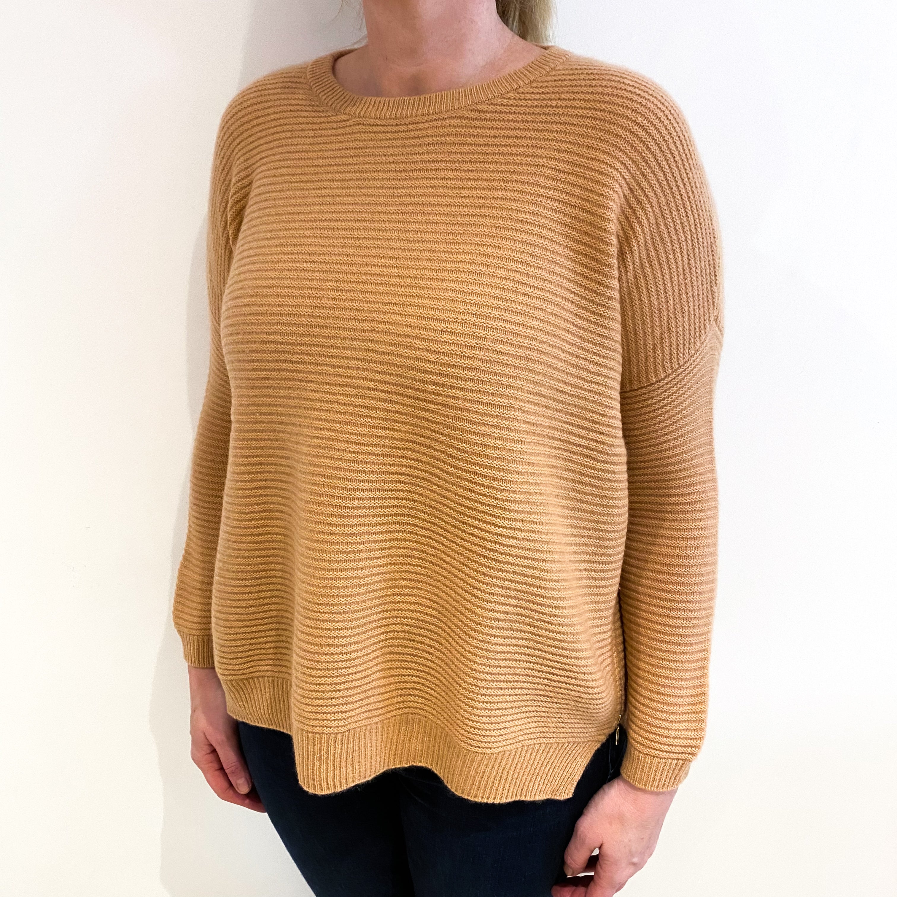 Caramel Brown Cashmere Zip Up Crew Neck Jumper Large