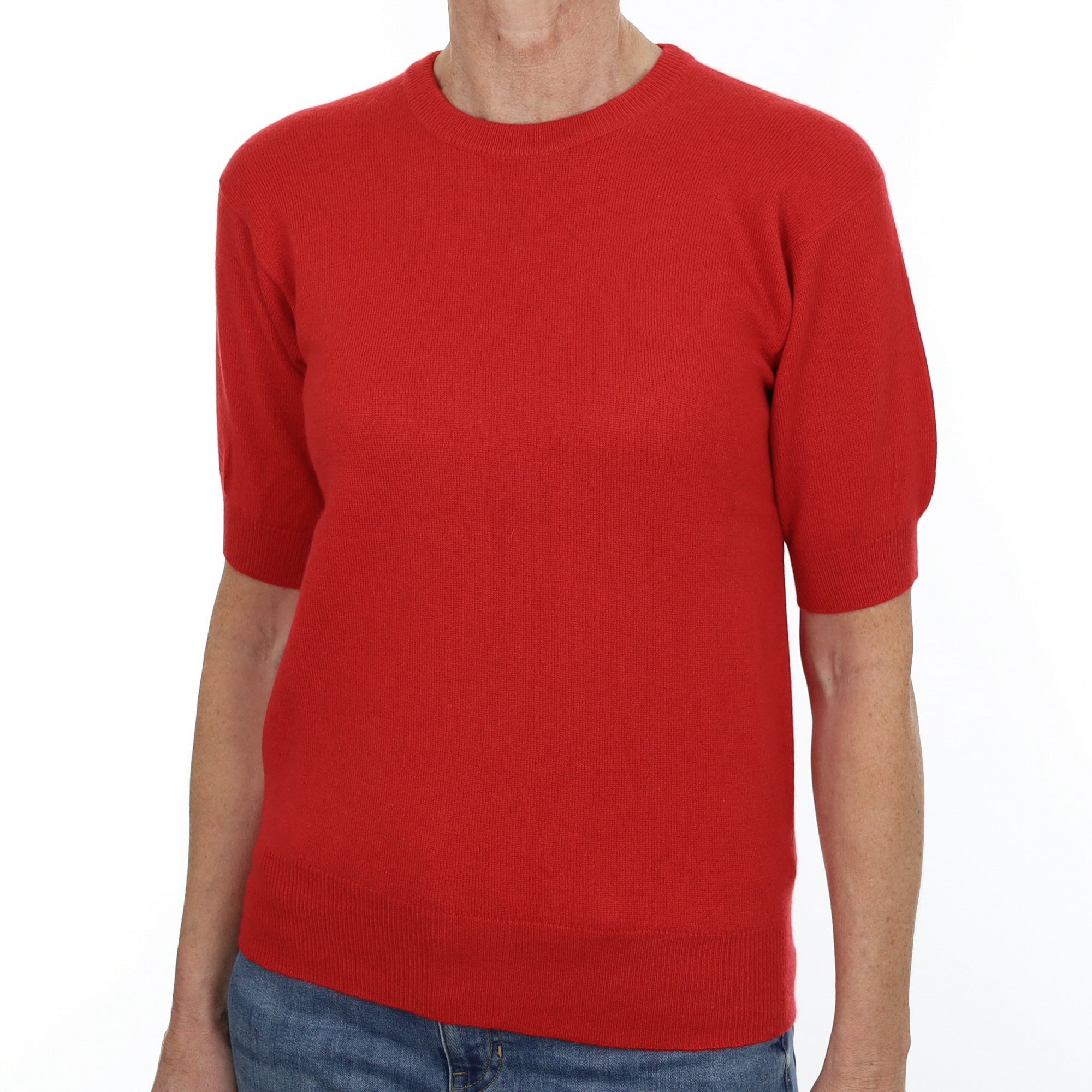 Spanish Red Cashmere Crew Neck Short Sleeved Jumper Small