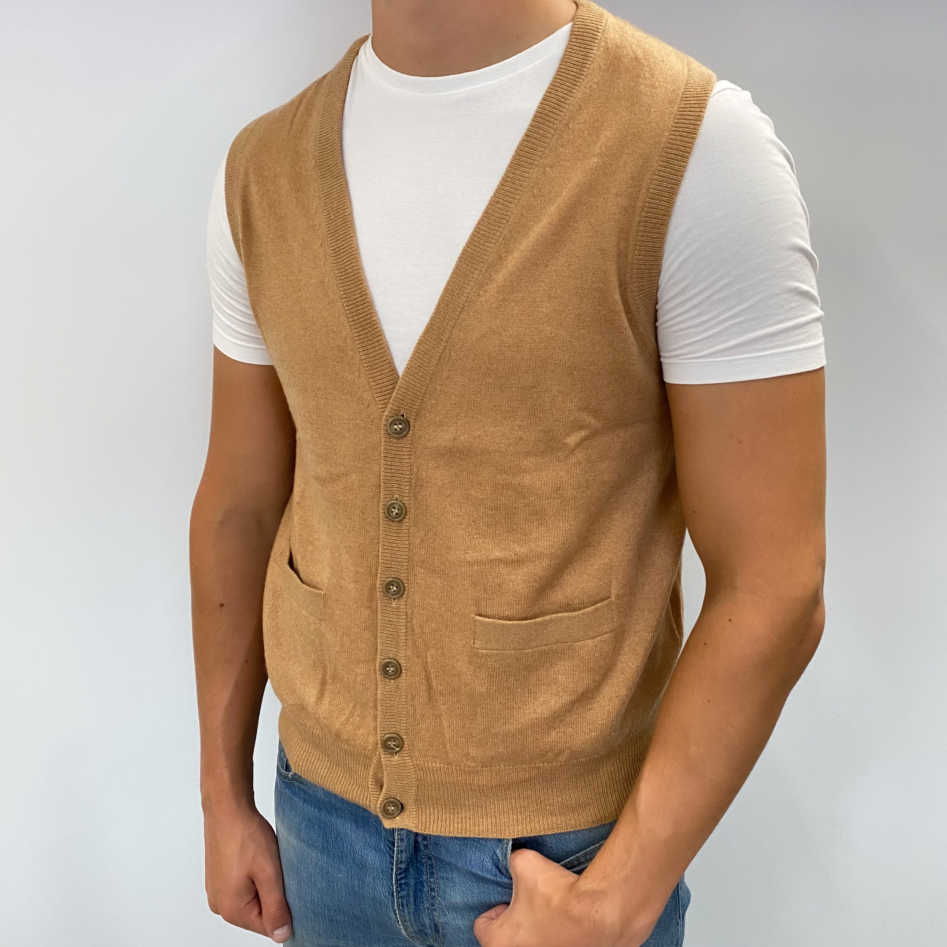 Men's Caramel Brown Cashmere V Neck Sleeveless Cardigan XL