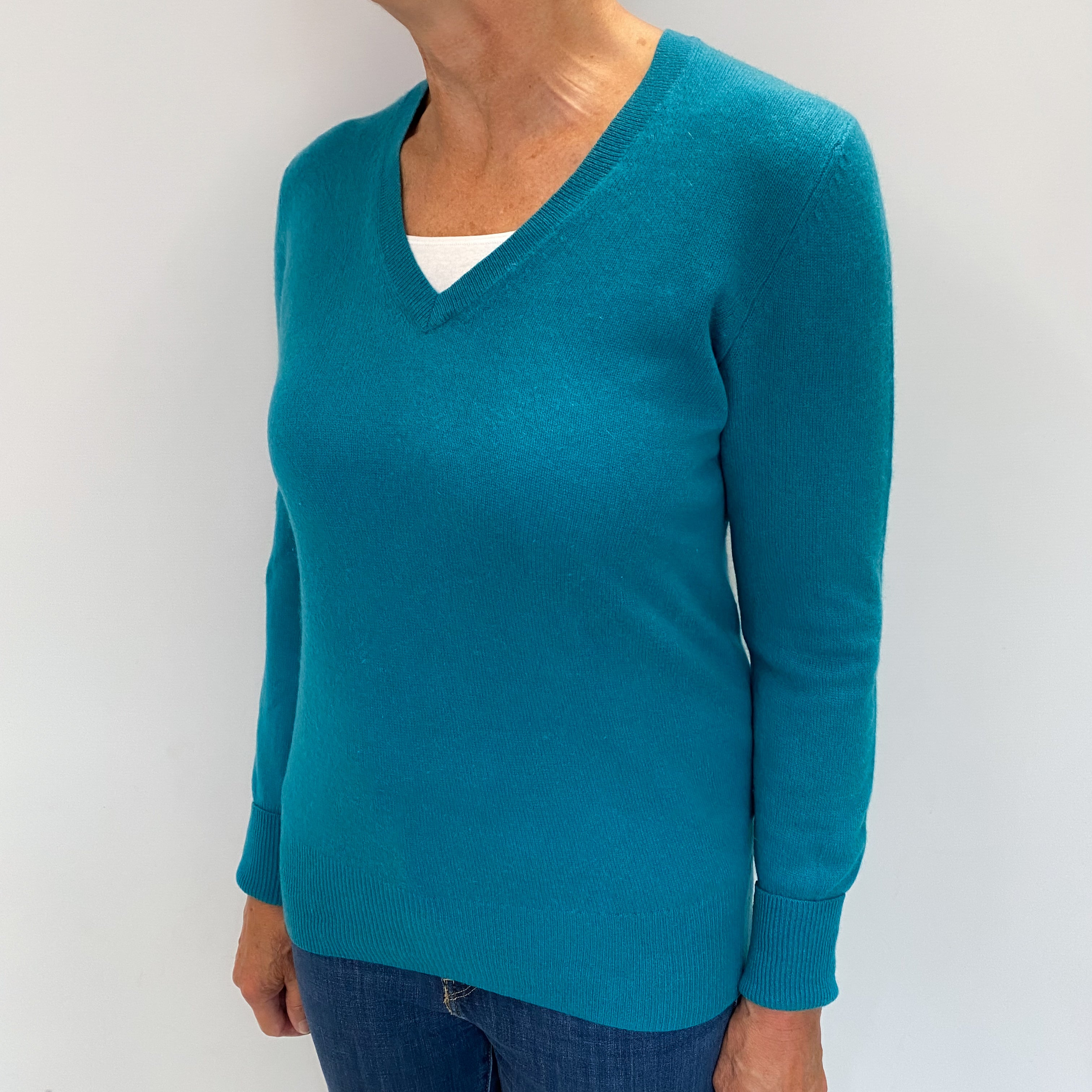 Deep Sea Green Cashmere V Neck Jumper Medium