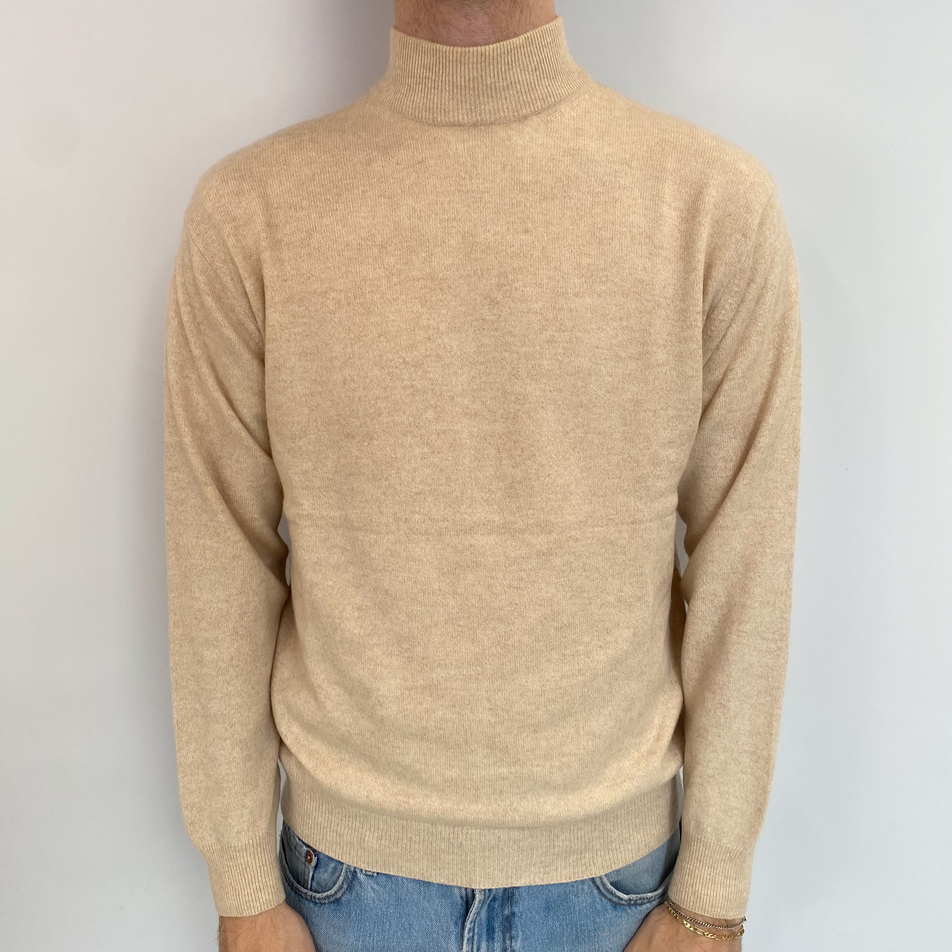 Men's Biscuit Beige Cashmere Turtle Neck Jumper Medium