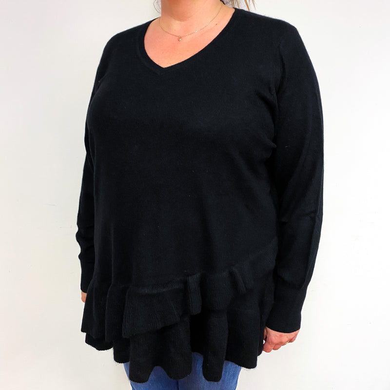 Black Frill Hem Cashmere V-Neck Jumper XXL