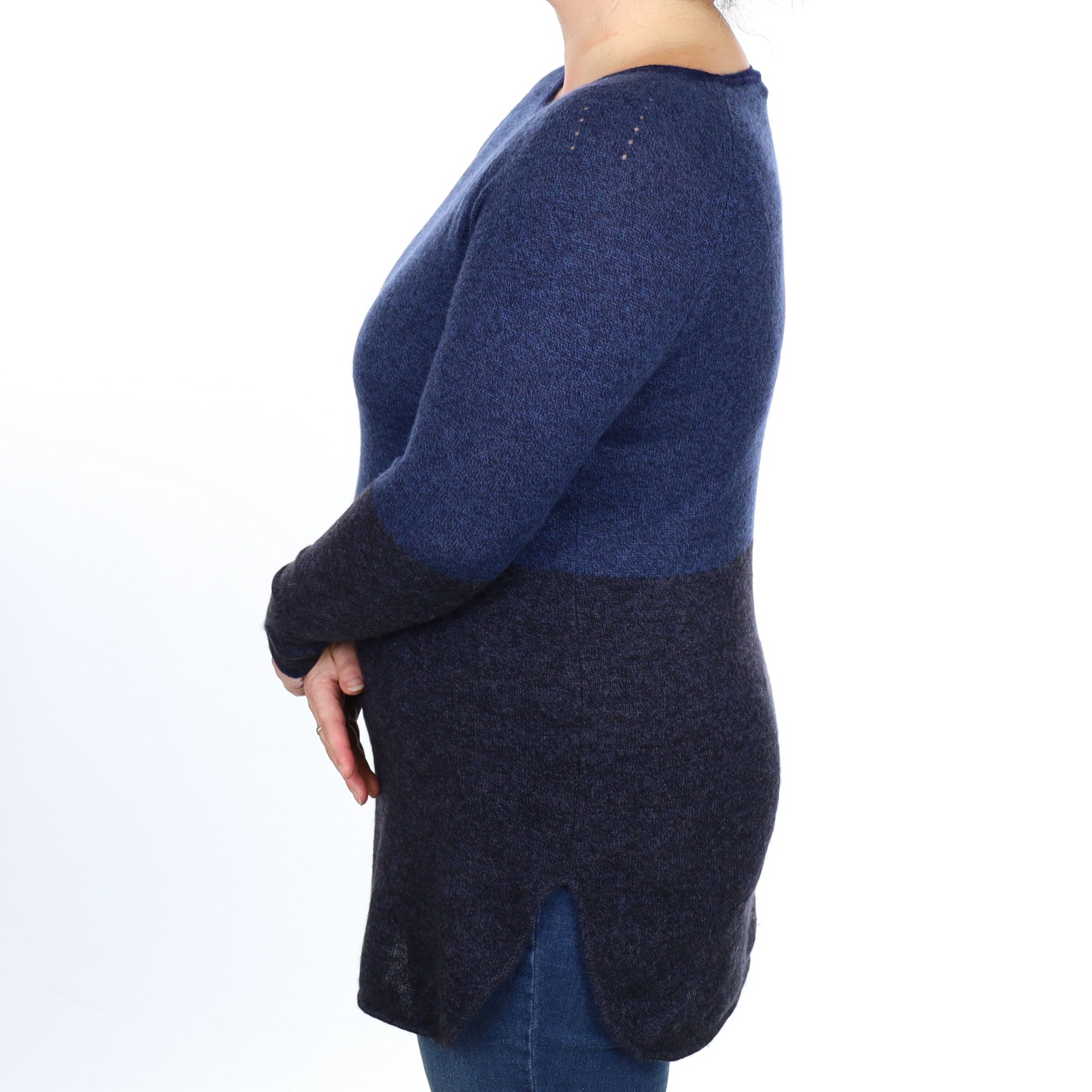 Naval Blue and Charcoal Cashmere Slash Neck Jumper Large