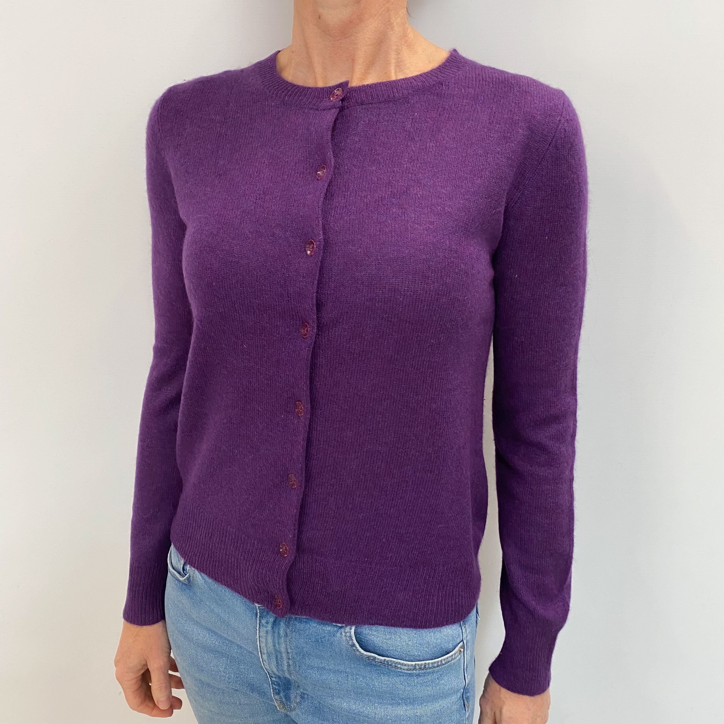 Pansy Purple Cashmere Crew Neck Cardigan Small