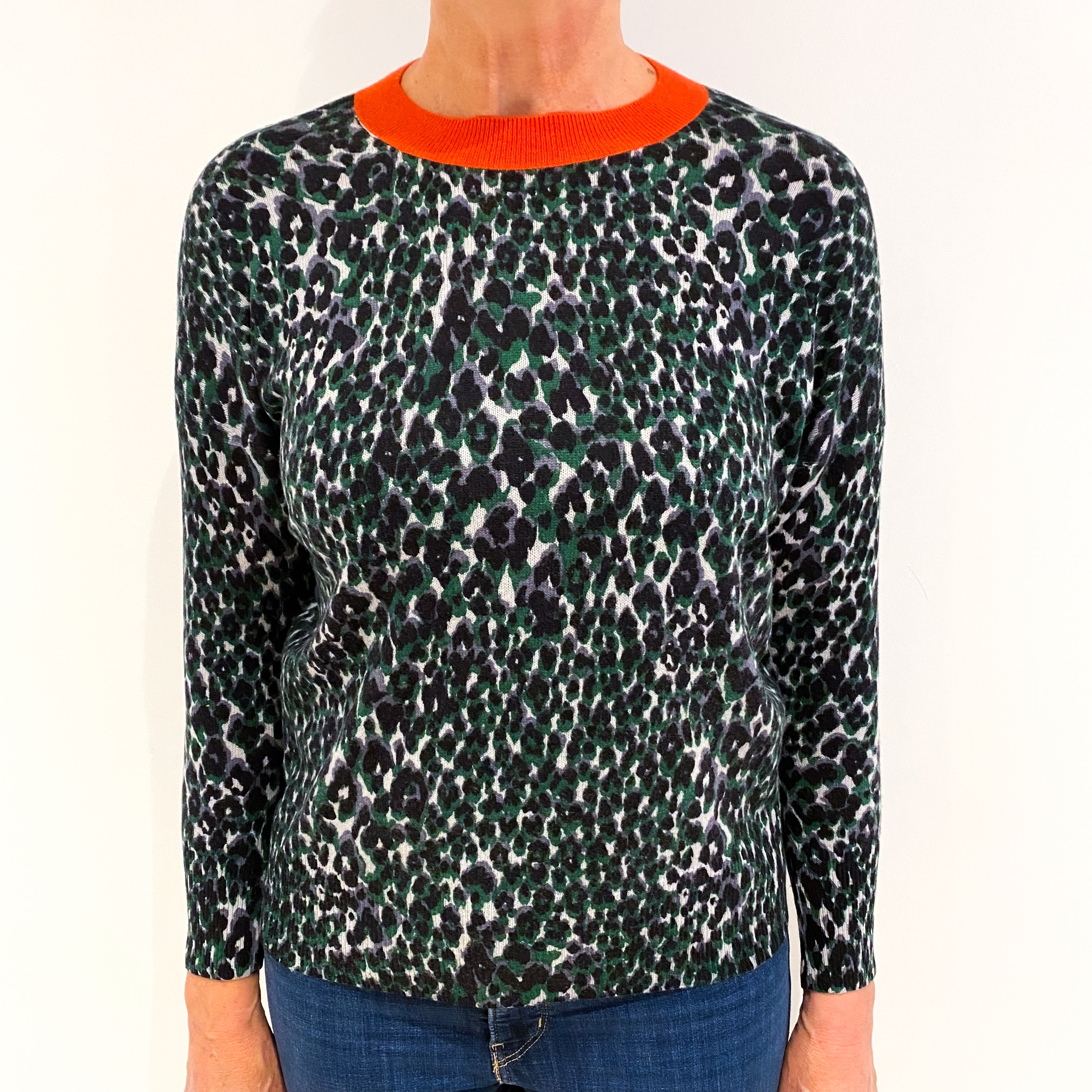 Green Animal Print 3/4 Sleeve Cashmere Crew Neck Jumper Medium