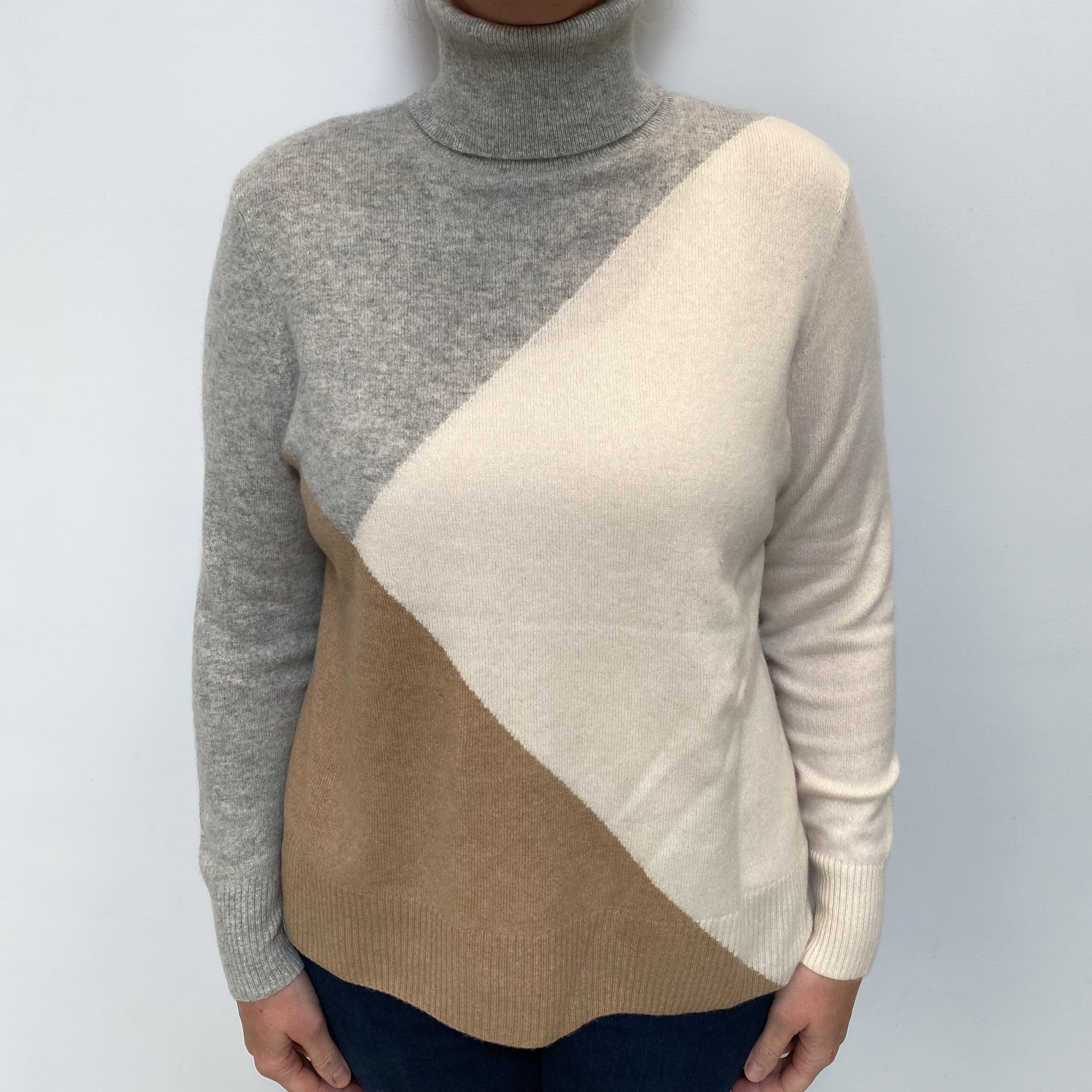 Smoke Grey Colour Block Cashmere Polo Neck Jumper Large