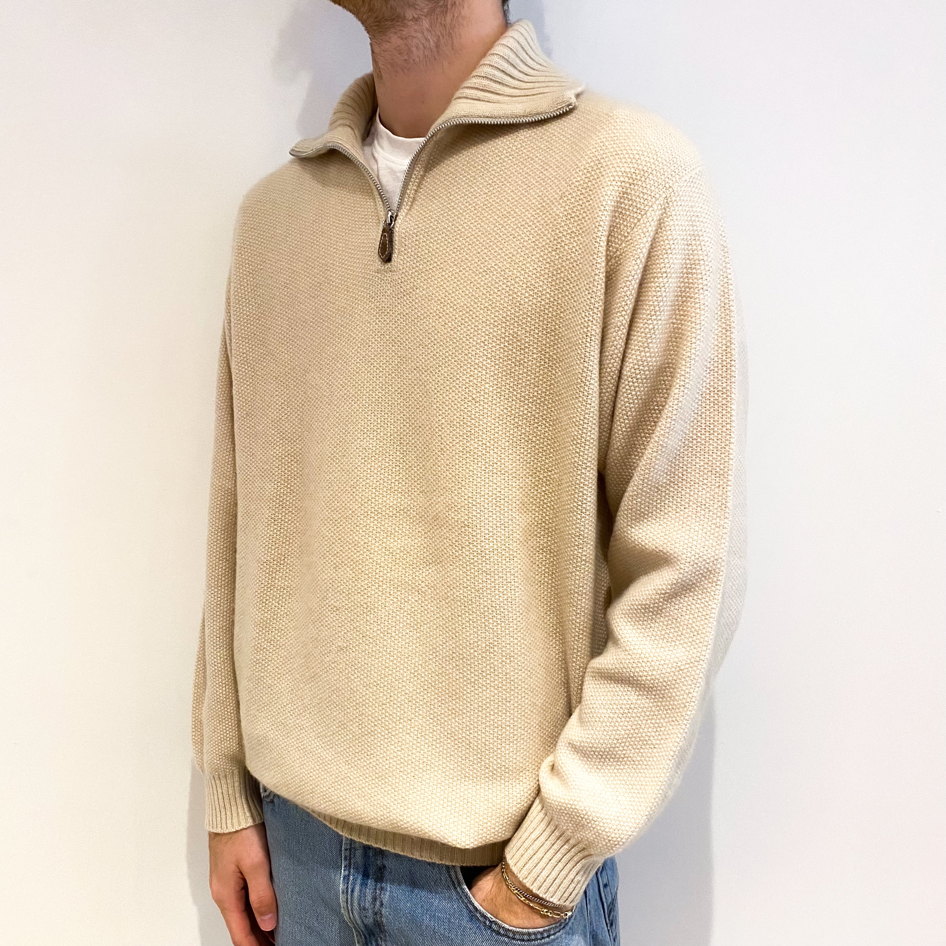 Men's Les Copains Oatmeal Beige Cashmere 3/4 Zip V Neck Jumper Large