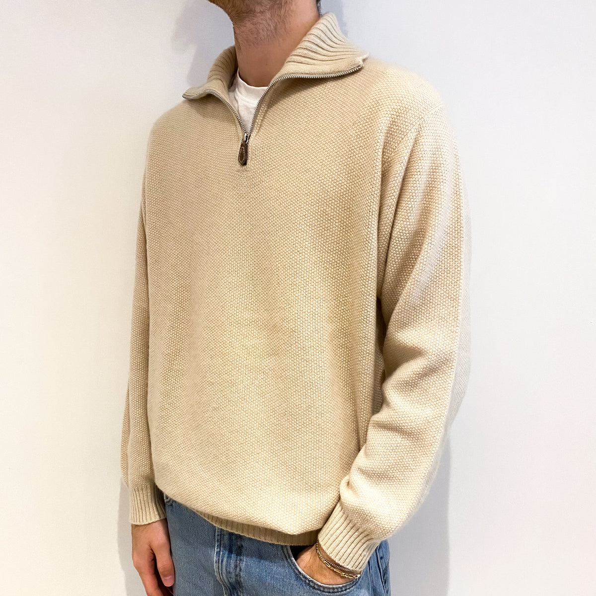 Men's Les Copains Oatmeal Beige Cashmere 3/4 Zip V Neck Jumper Large