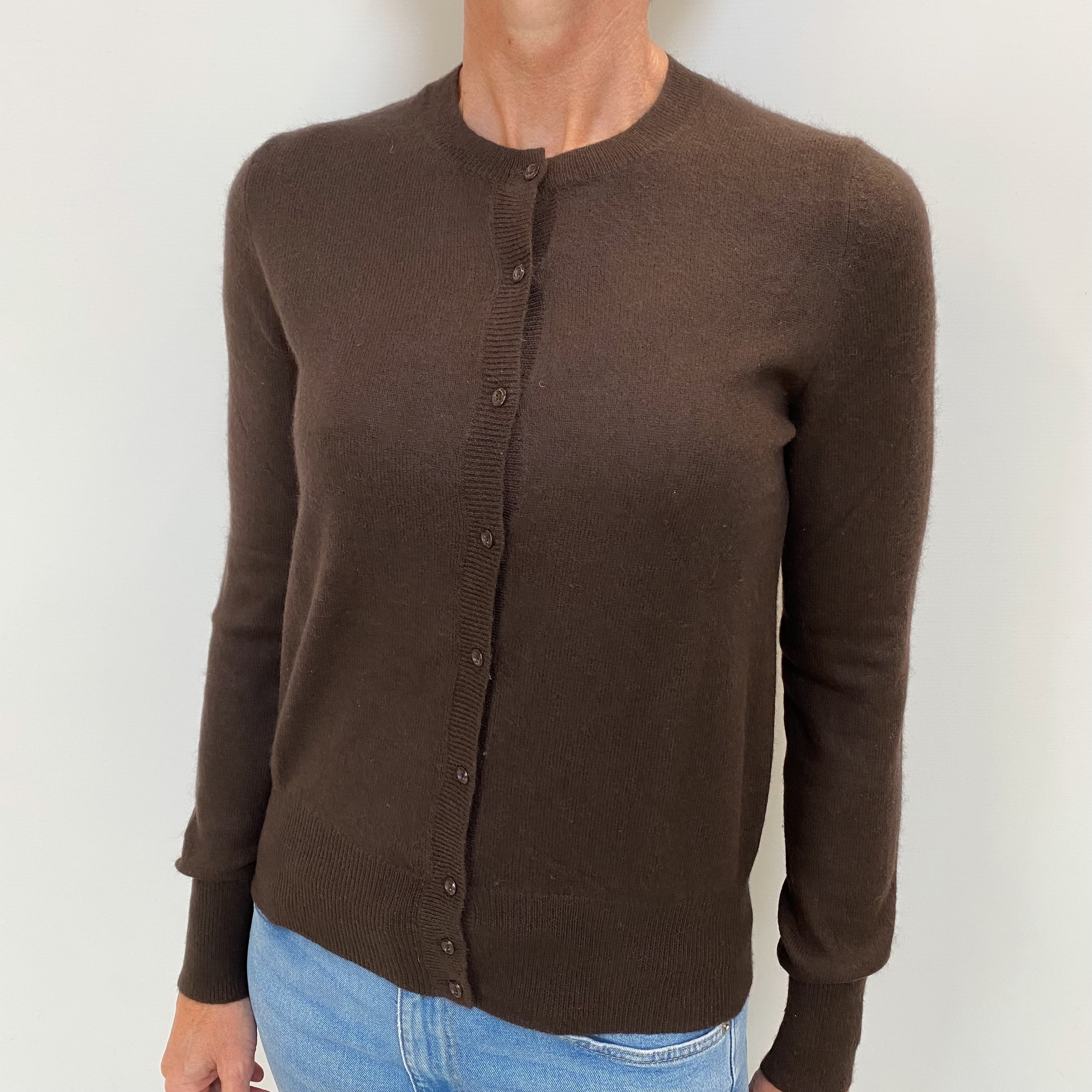 Dark Chocolate Cashmere Crew Neck Cardigan Small