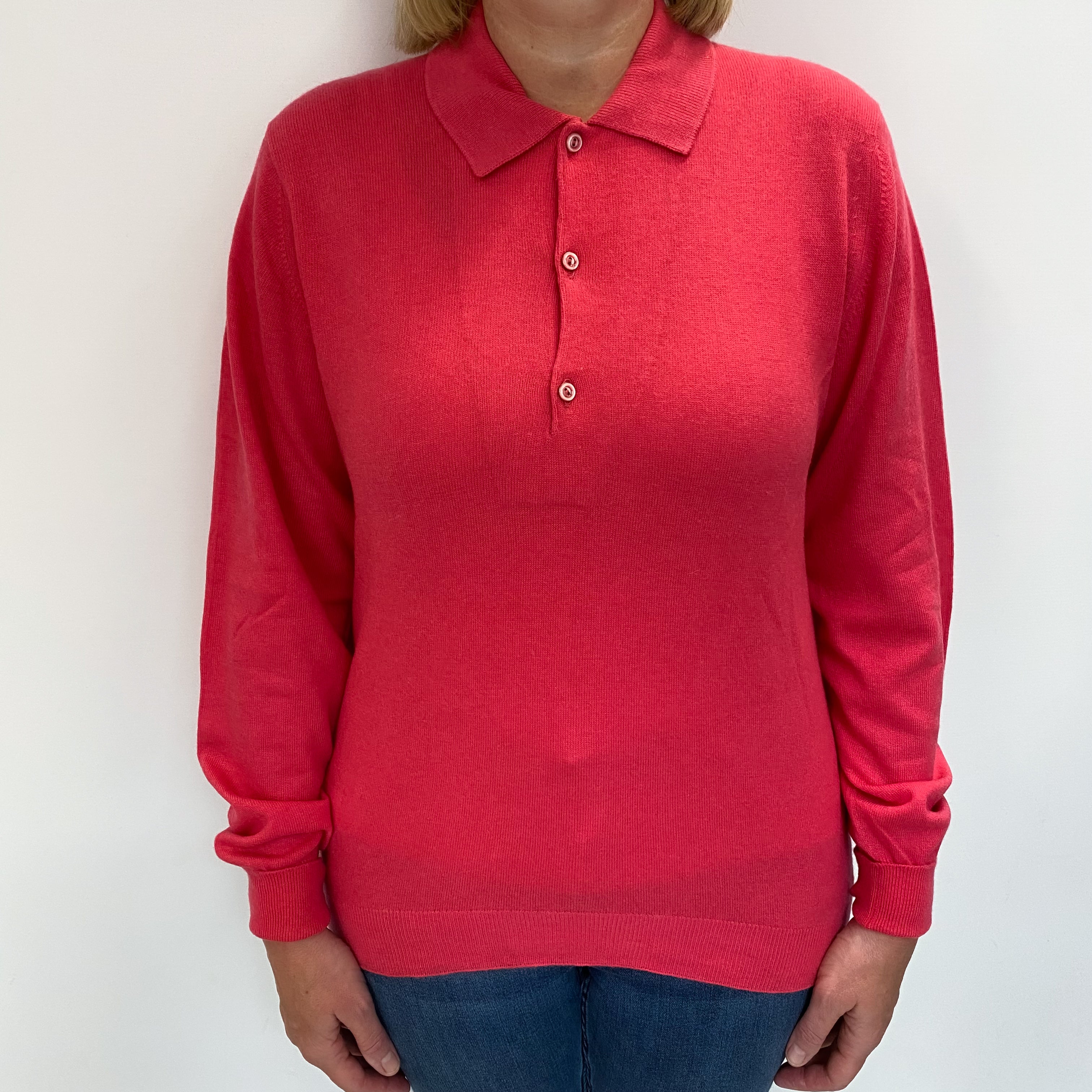 Vintage Scottish Watermelon Pink Cashmere Collared Button up V Neck Jumper Large