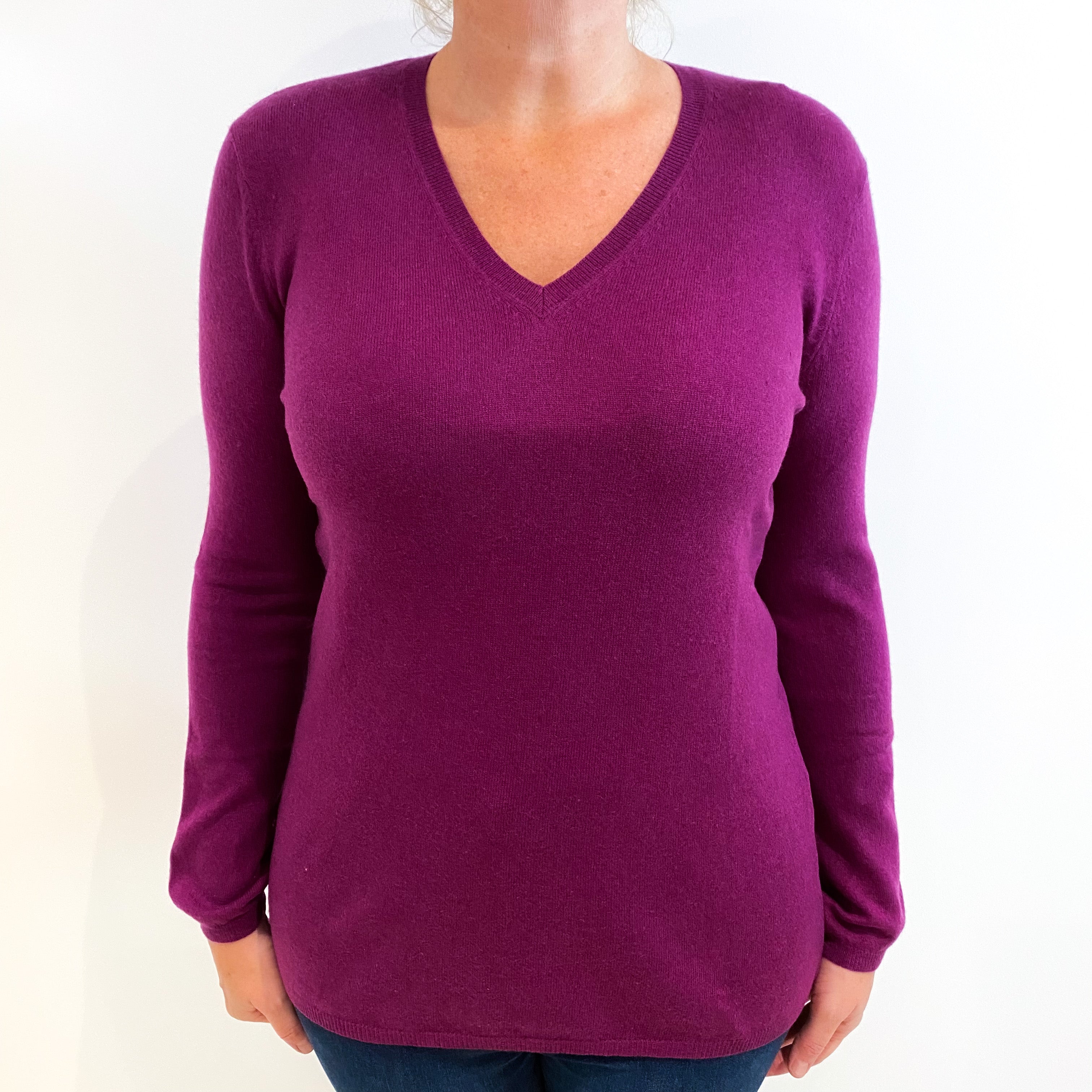 Plum Purple Cashmere V-Neck Jumper Large