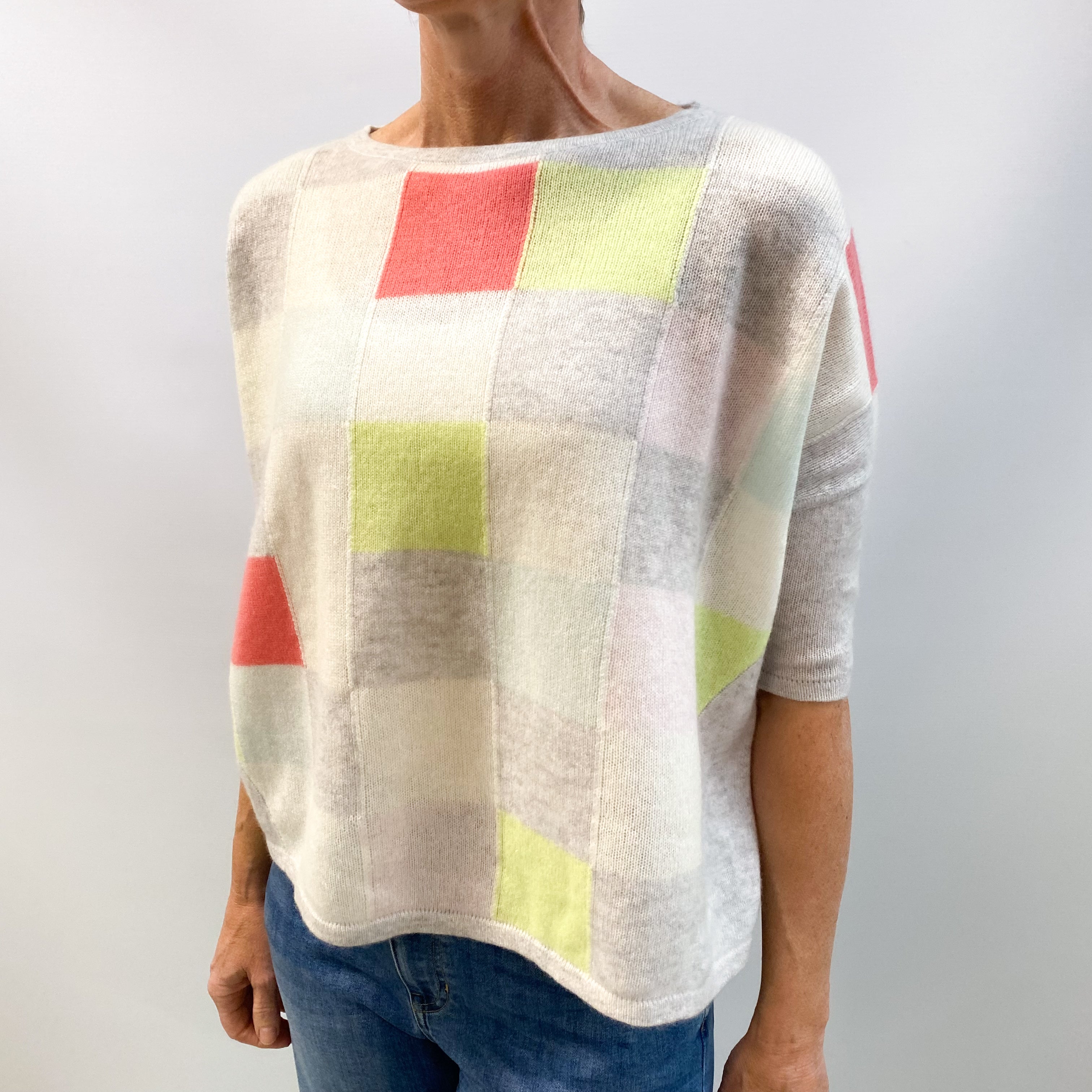 Frost Grey Colour Block Cashmere Crew Neck Short Sleeved Jumper Small
