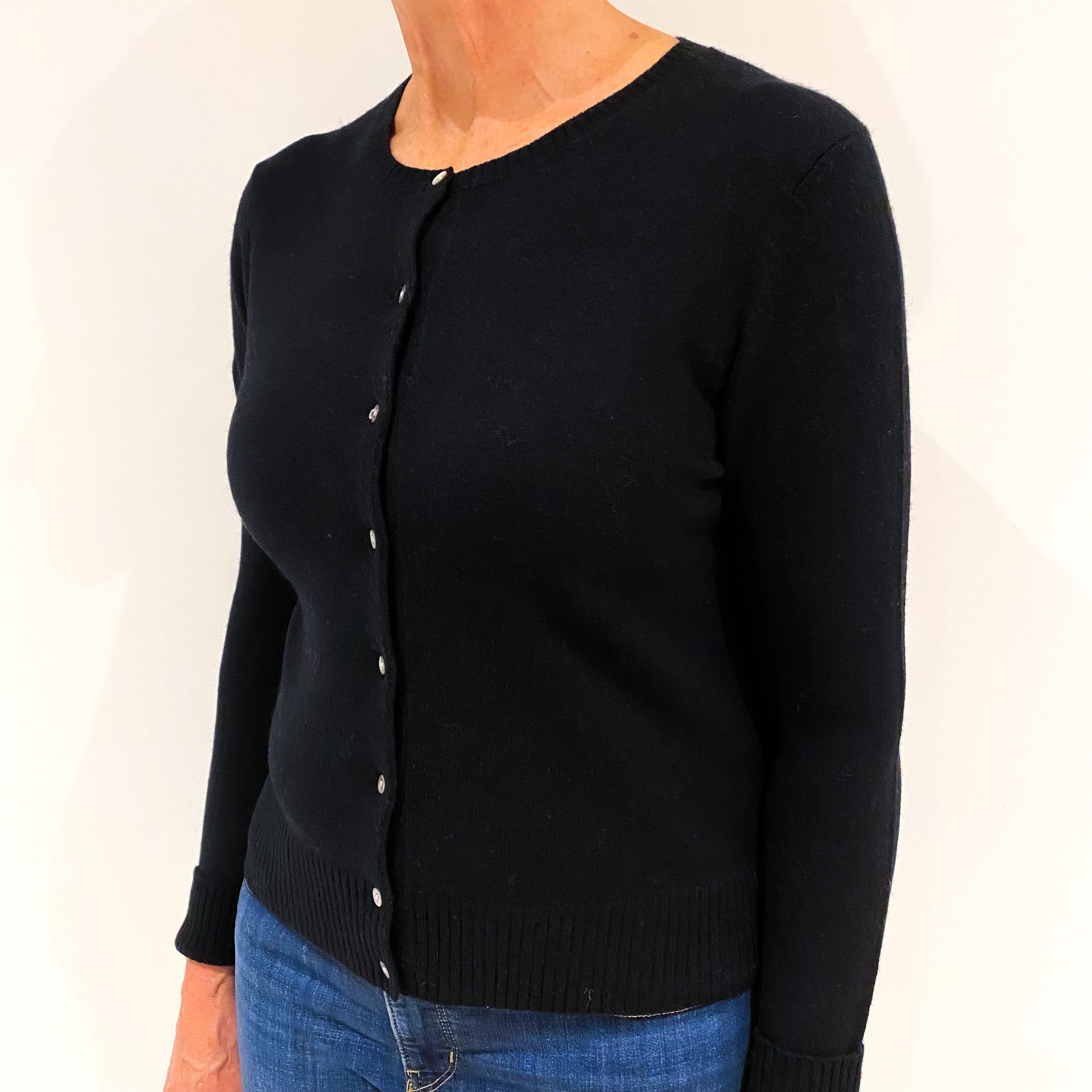 Black Cashmere Crew Neck Cardigan Medium