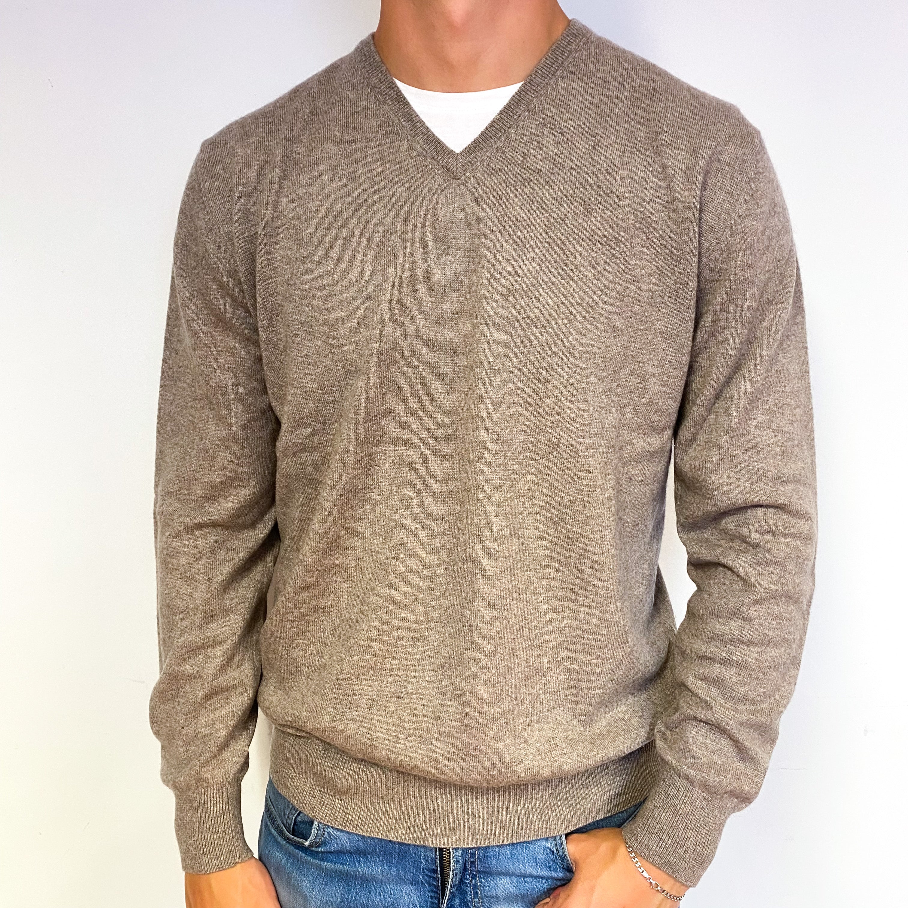 Men's Taupe Brown Cashmere V-Neck Jumper Extra Large