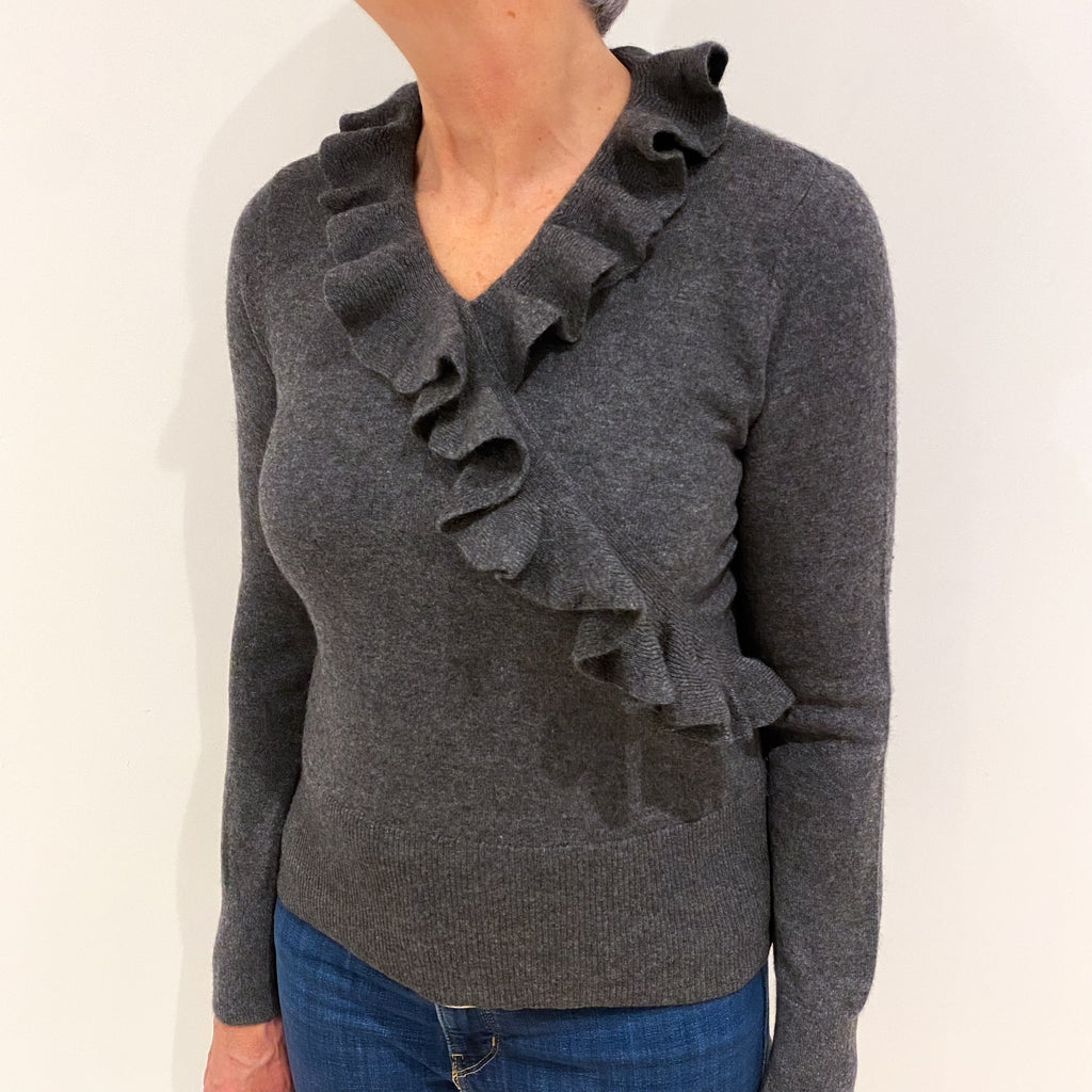 Slate Grey Ruffle Detail Cashmere V Neck Jumper Medium