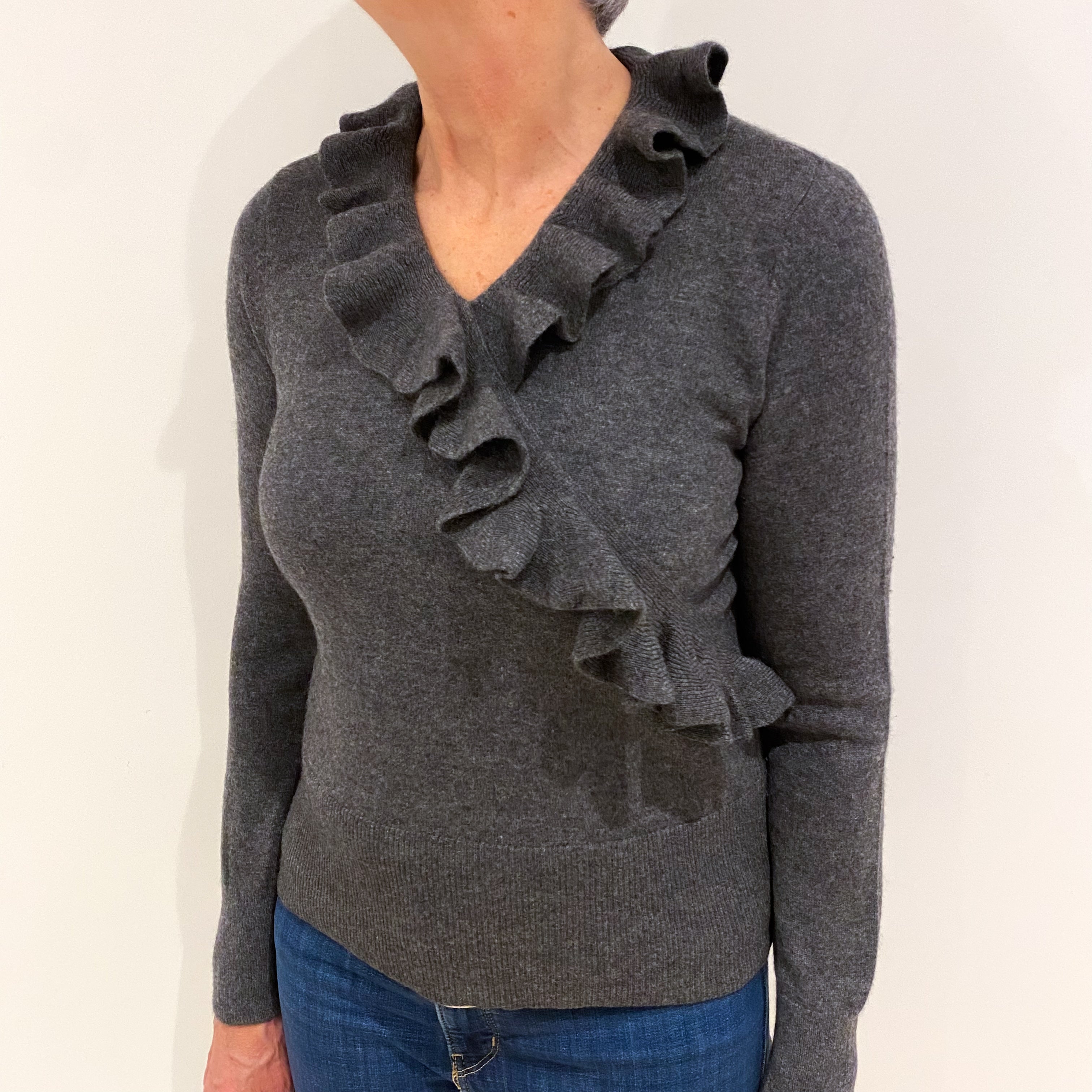 Slate Grey Ruffle Detail Cashmere V Neck Jumper Medium