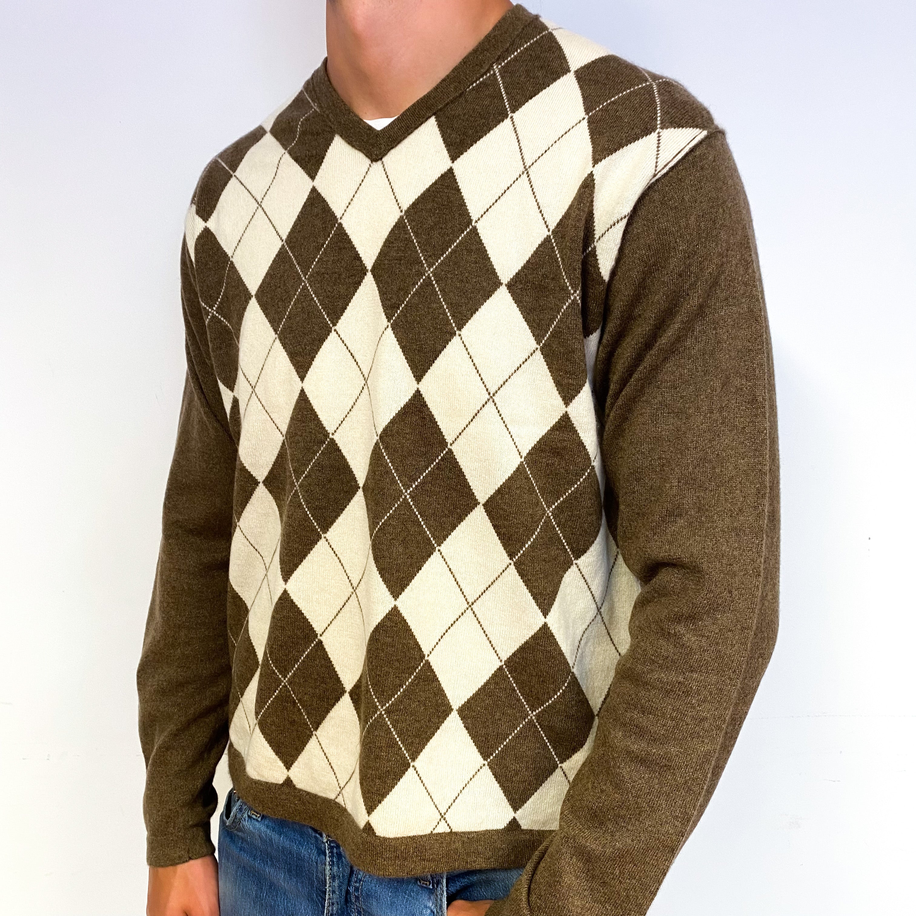 Men's Cream Brown Argyle Cashmere V-Neck Jumper Extra Large
