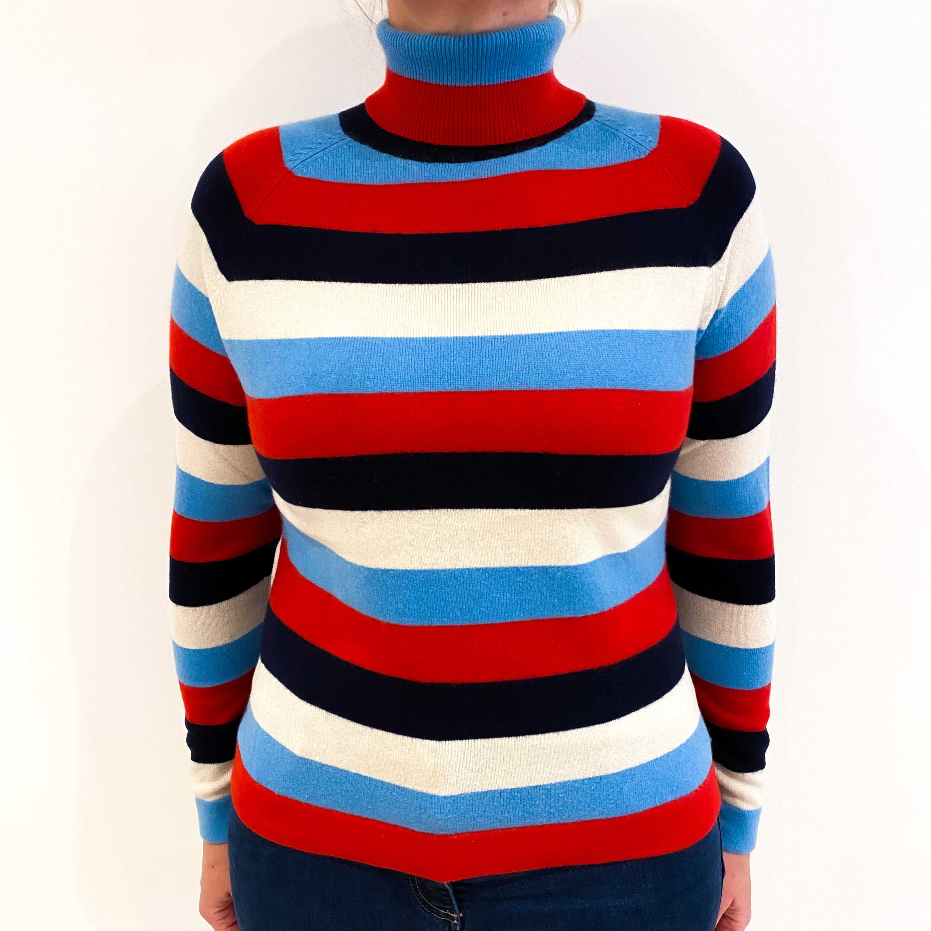 Blue, Cream and Red Striped Cashmere Polo Neck Jumper Large