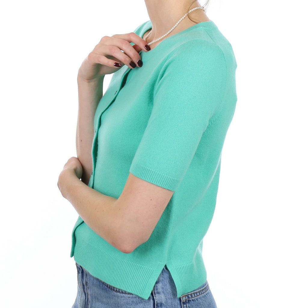 New Deep Mint Cashmere Short Sleeve Crew Neck Cardigan Small