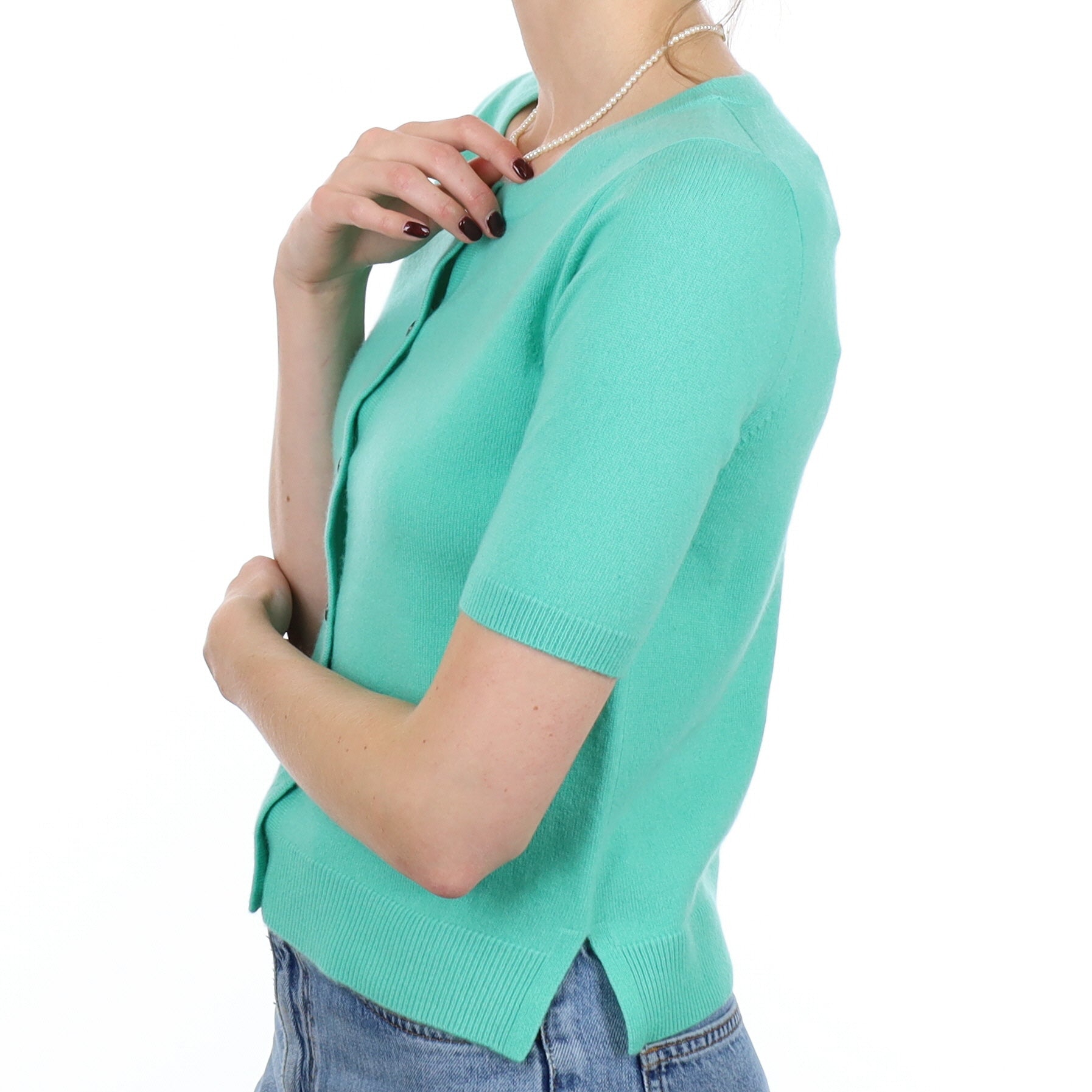 New Deep Mint Cashmere Short Sleeve Crew Neck Cardigan Small