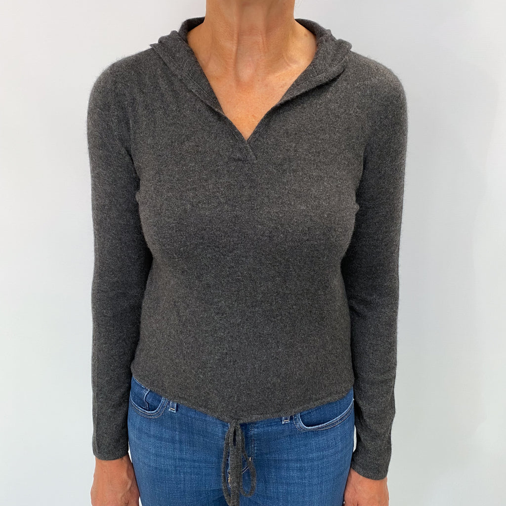 Charcoal Grey Cashmere V Neck Hooded Jumper Medium