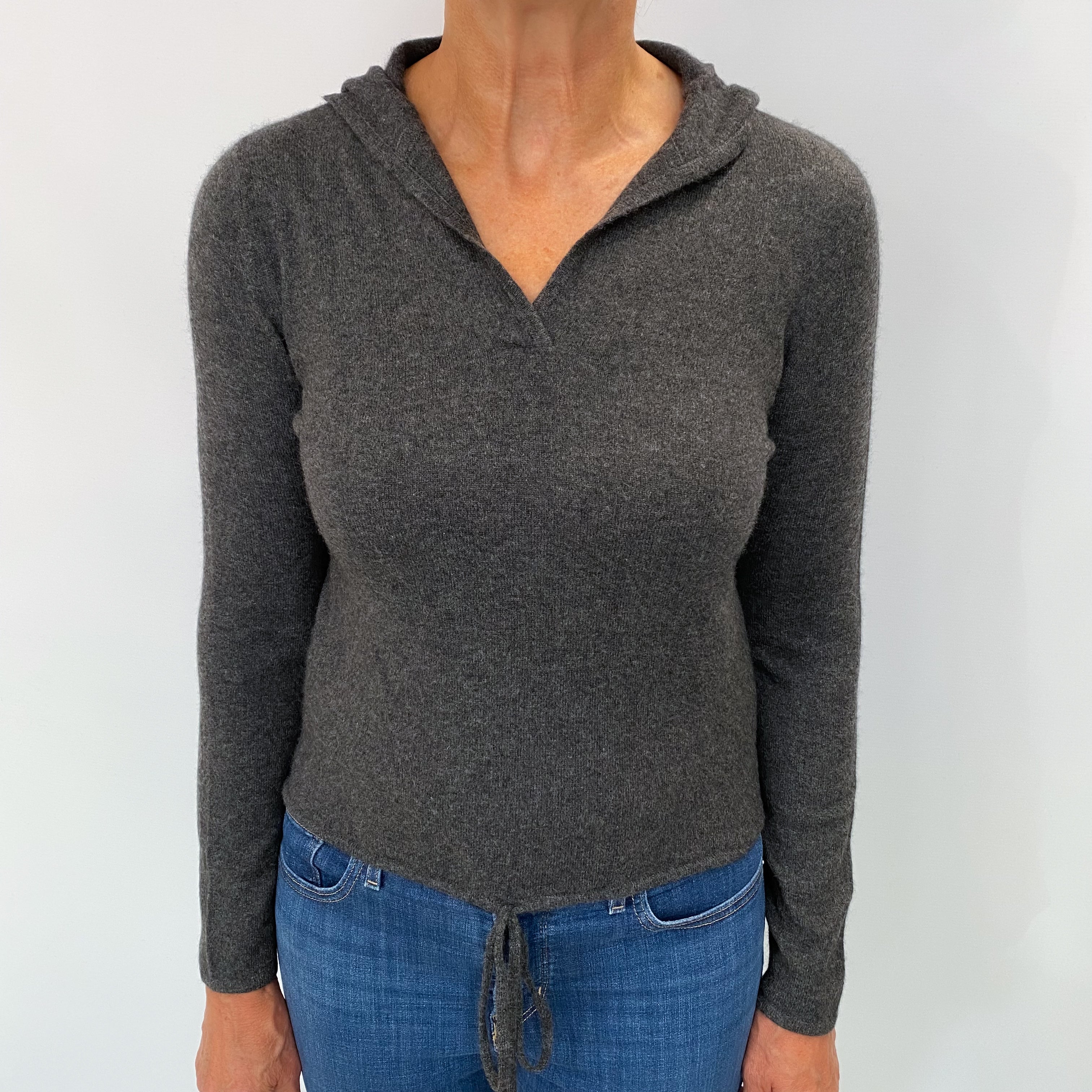 Charcoal Grey Cashmere V Neck Hooded Jumper Medium