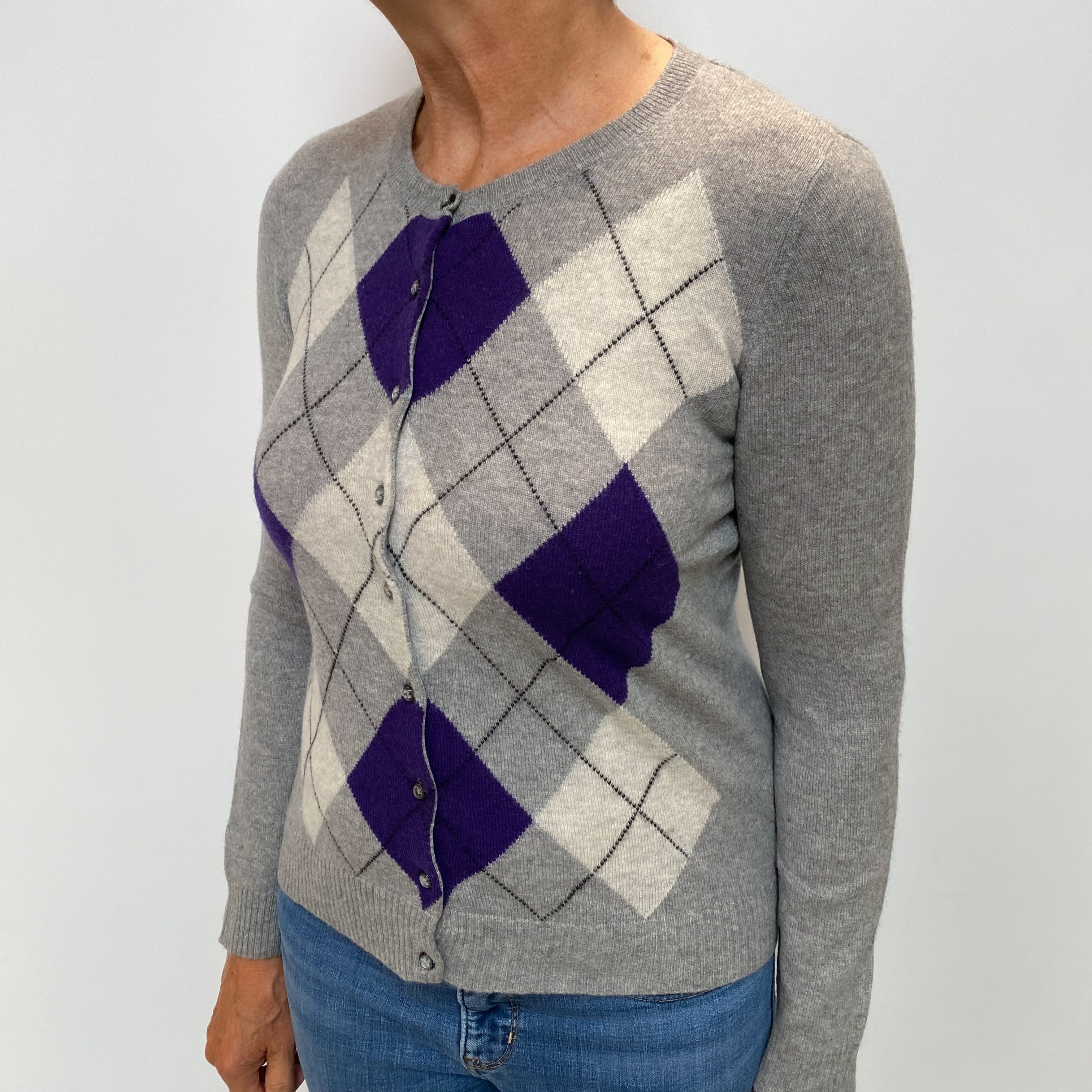 Ash Grey Argyle Cashmere Crew Neck Cardigan Medium