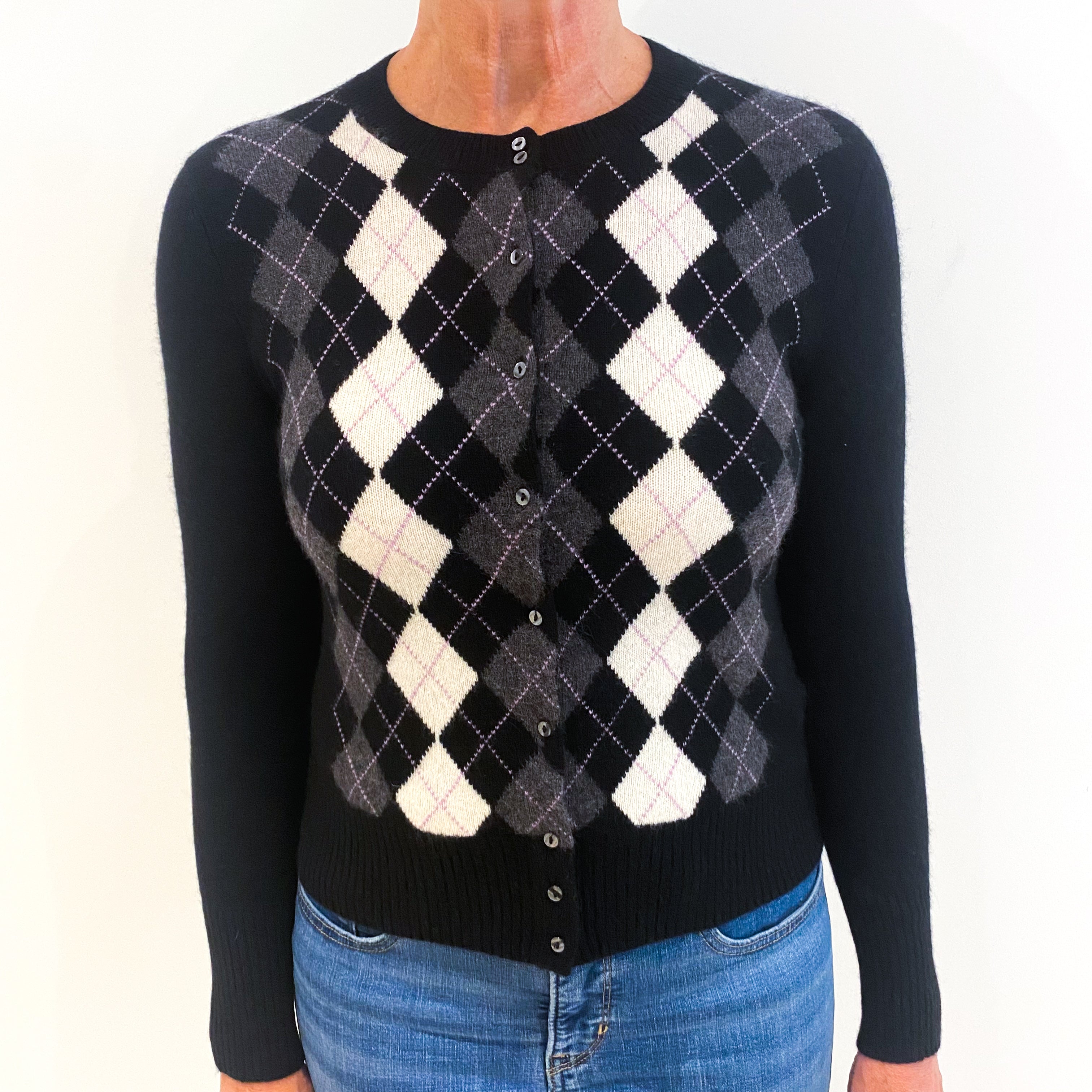 Black, Grey and Cream Argyle Cashmere Crew Neck Cardigan Medium