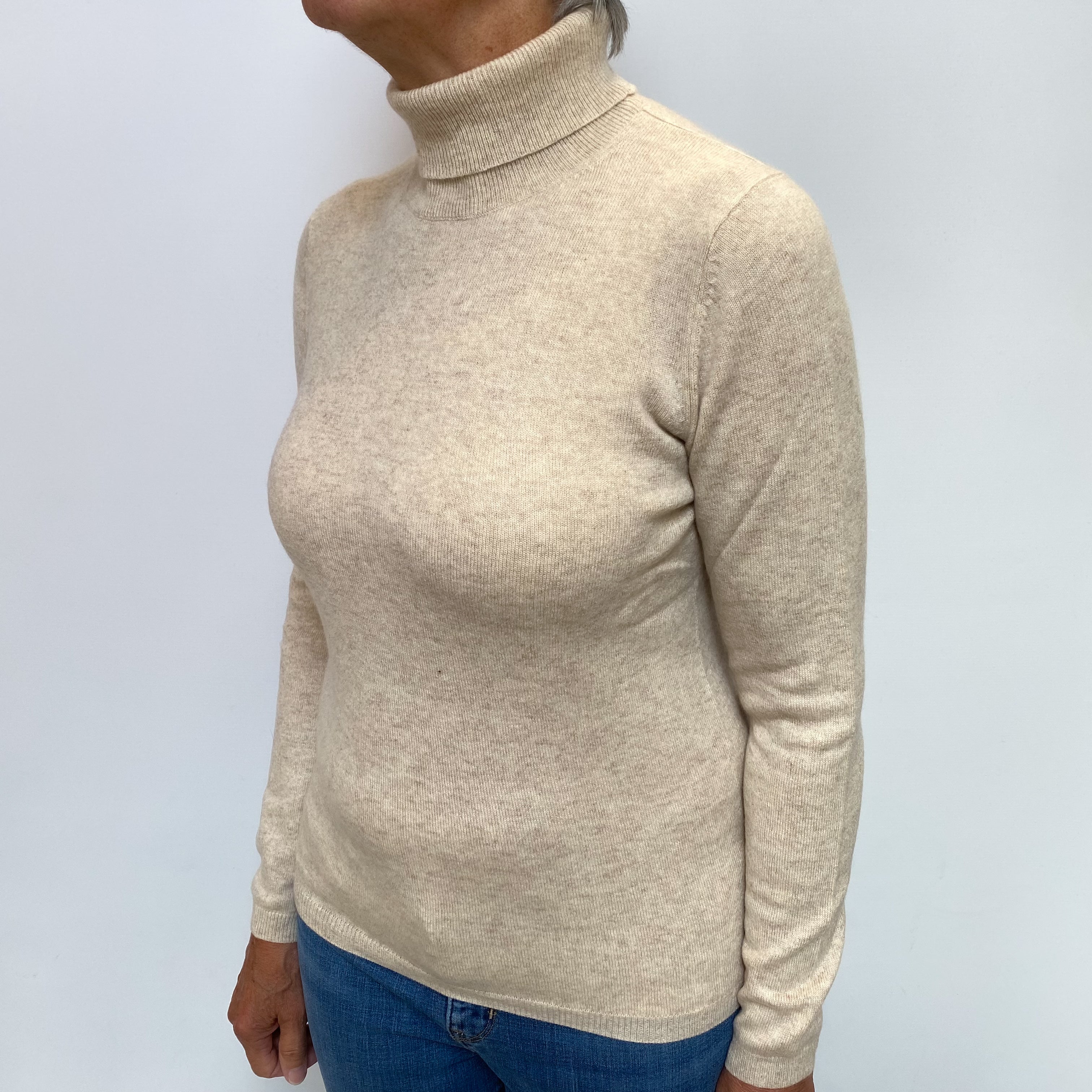 Sand Beige Cashmere Polo Neck Jumper Medium