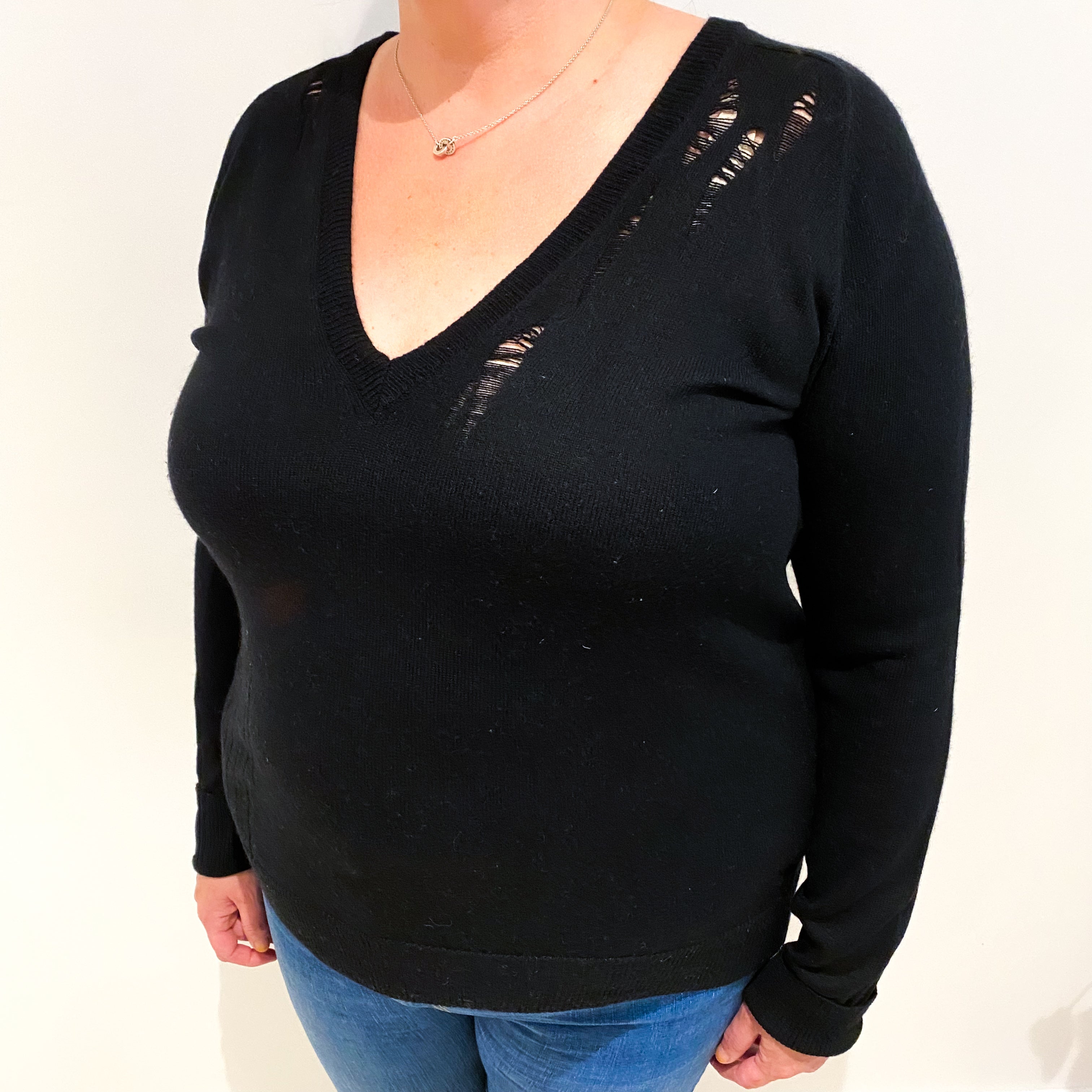 Black Distressed Look Cashmere V Neck Jumper Extra Large