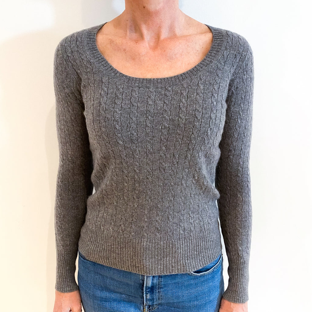 Ash Grey Cable Cashmere Scoop Neck Jumper Small