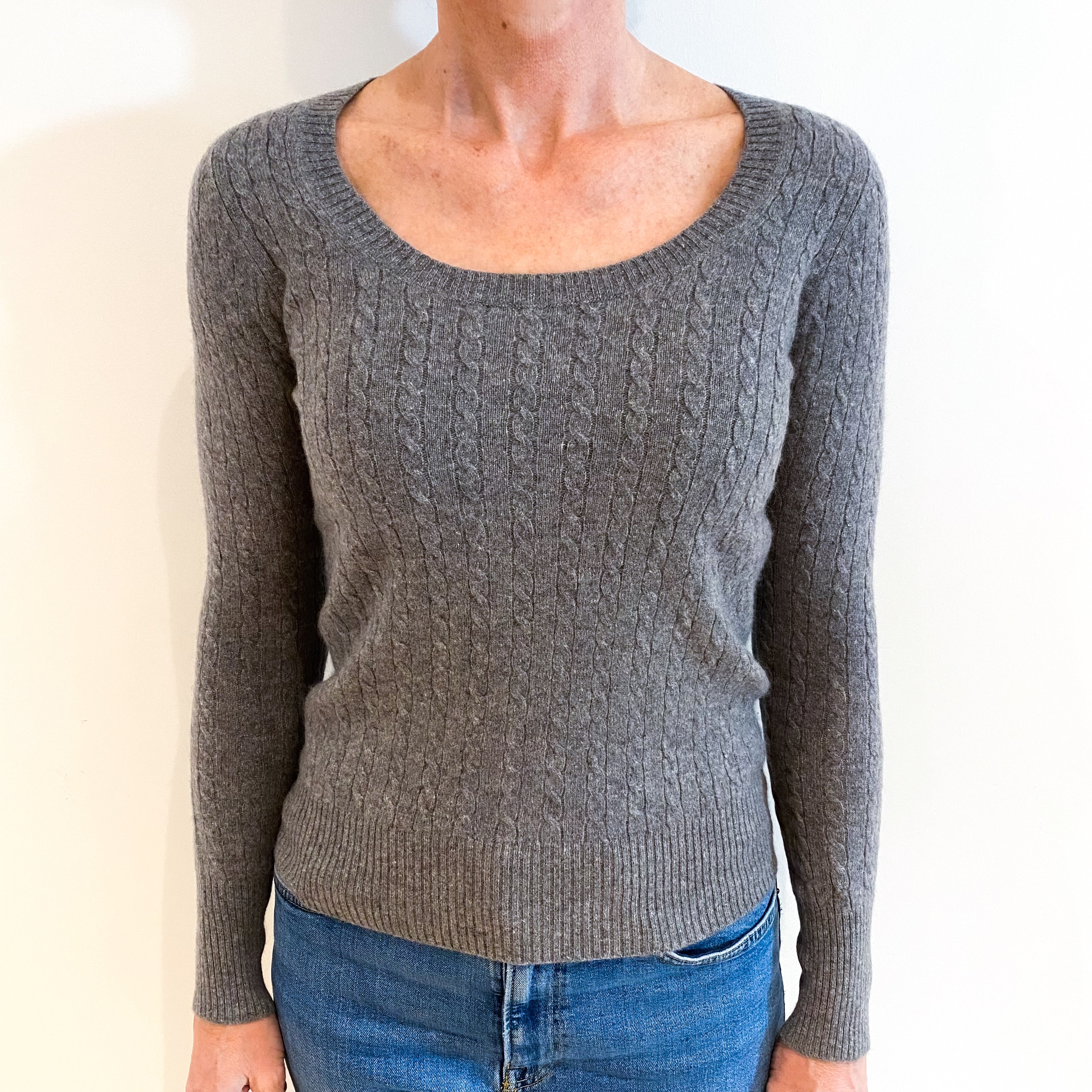 Ash Grey Cable Cashmere Scoop Neck Jumper Small