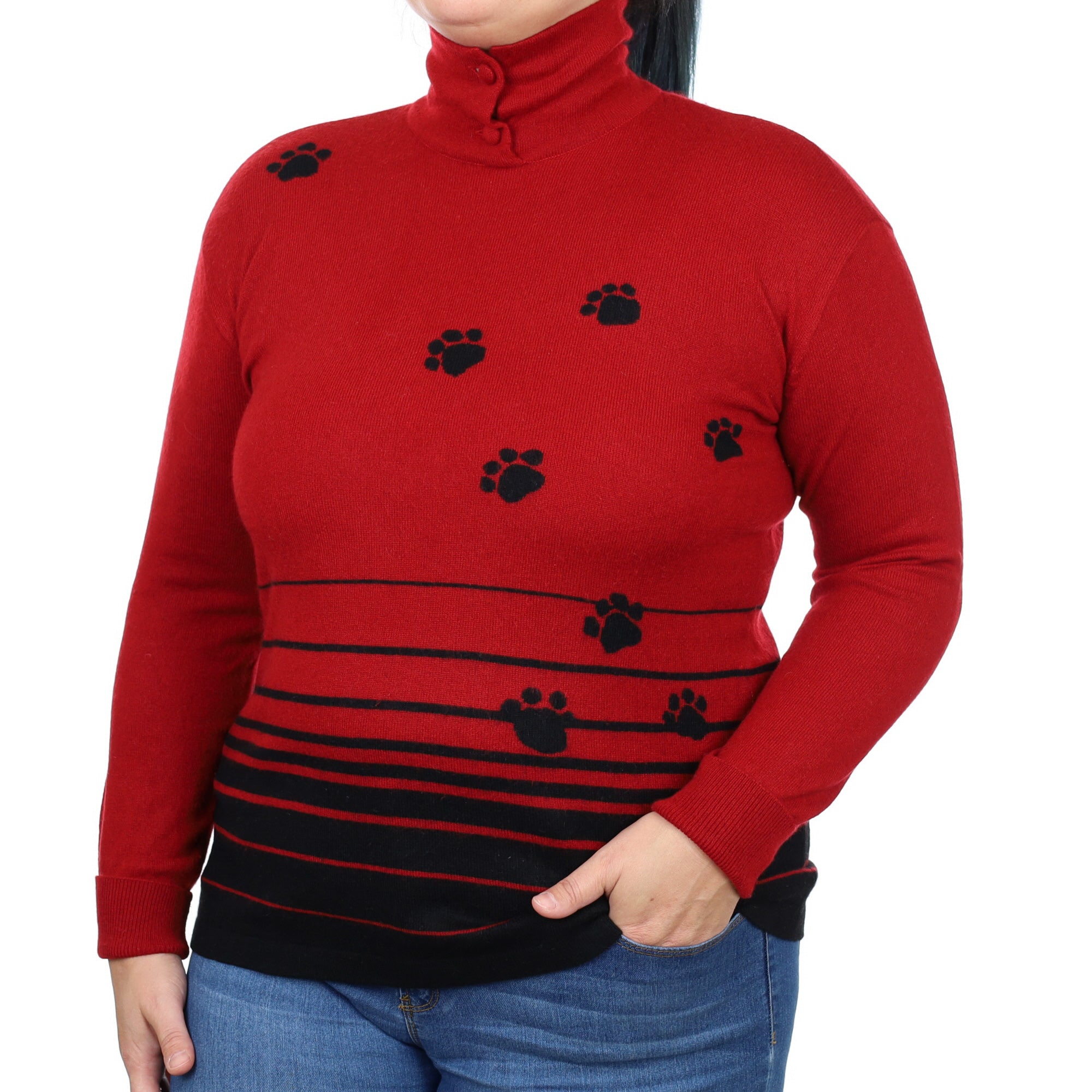 Crimson Red Paw Print Cashmere Polo Neck Jumper Large