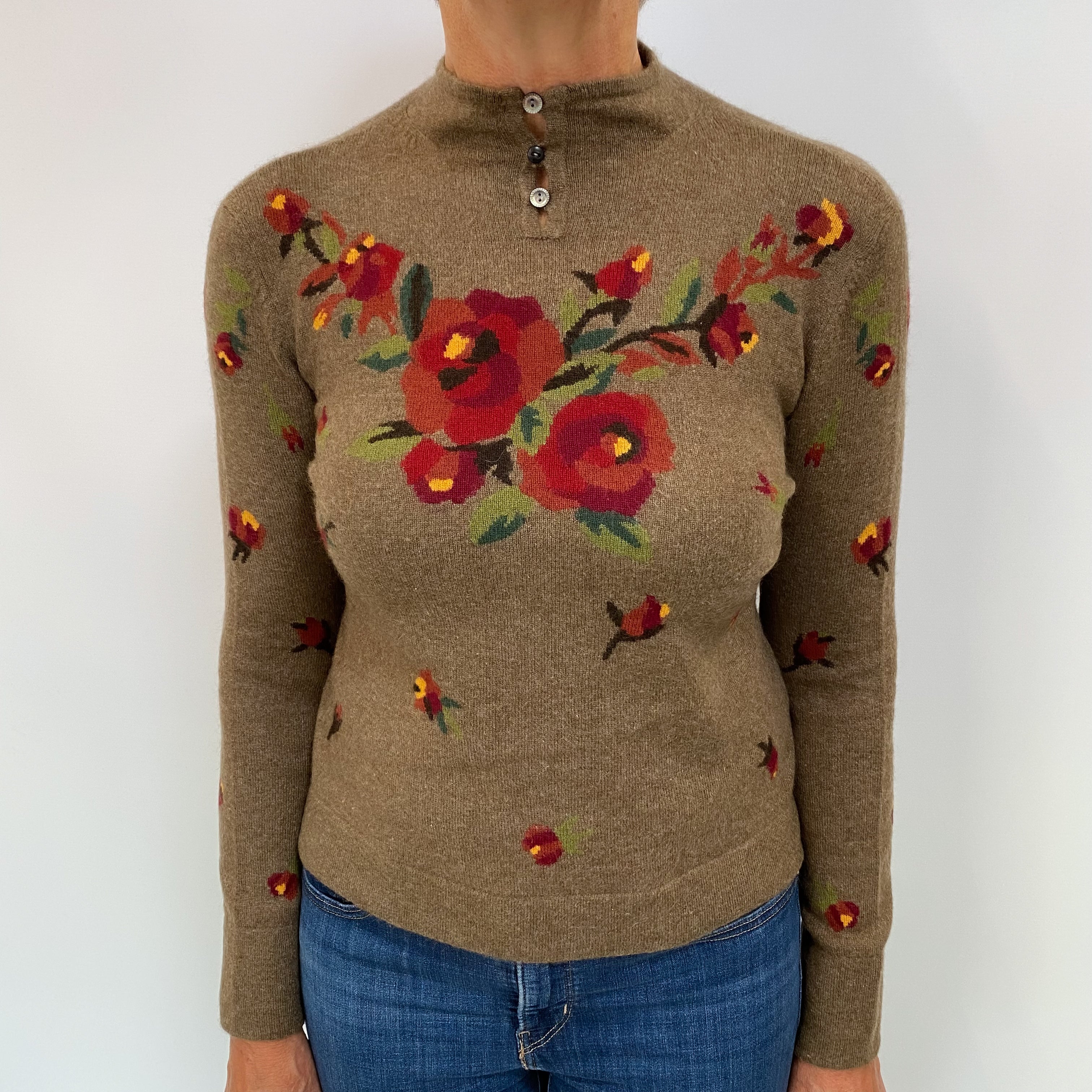 Olive Green Floral Cashmere Button Up Polo Neck Jumper Medium